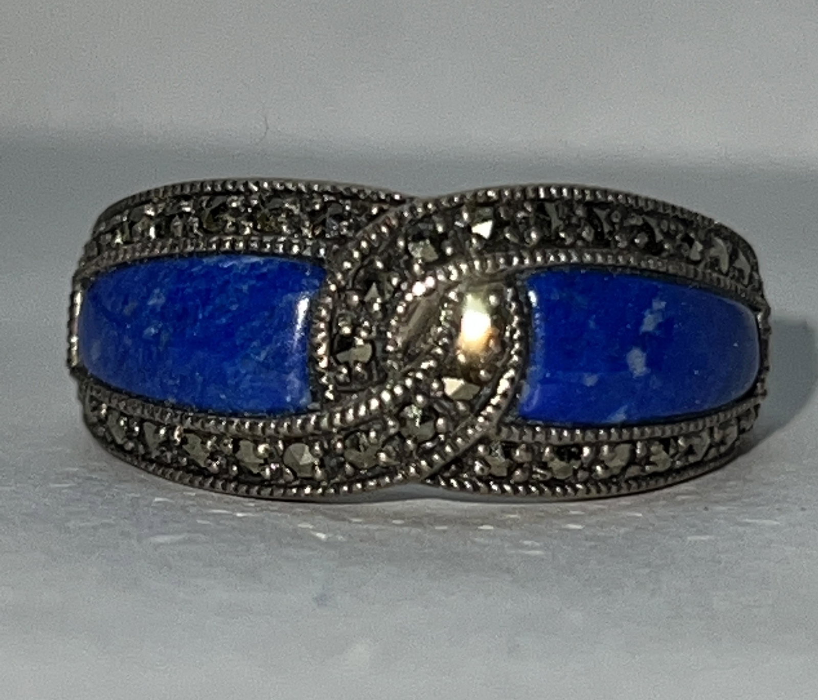ESTATE STERLING SILVER LAPIS LAZULI RHINESTONES RING SZ (1 of 2)