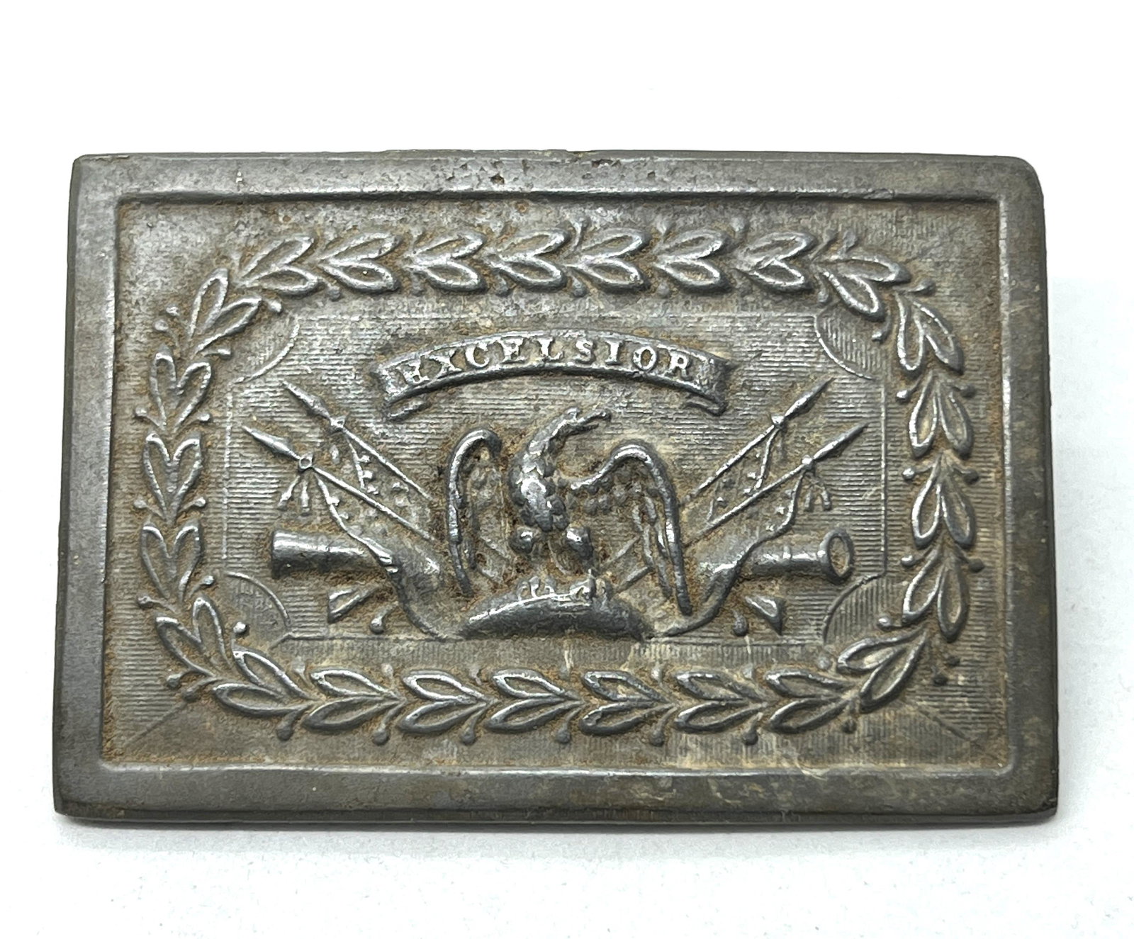 RARE CIVIL WAR CONFEDERATE EXCELSIOR BOX PLATE: RARE CIVIL WAR CONFEDERATE EXCELSIOR BOX PLATE. IN MINT OVERALL SHAPE AND CONDITION WITH A BEAUTIFUL OVERALL PATINA. HAS A GREAT LOOK TO IT WITH AN EXCELLENT OVERALL EYE APPEAL. PLEASE VIEW ALL DETAIL