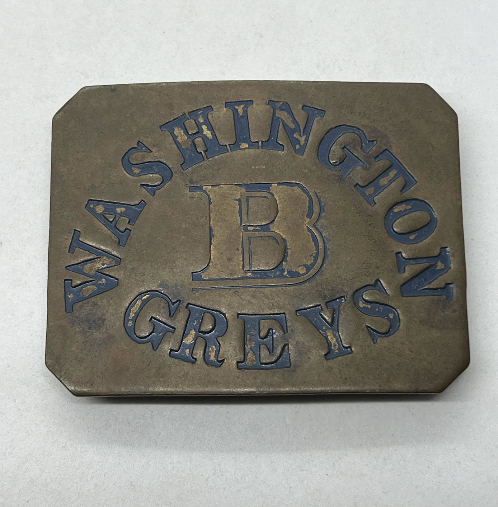 CIVIL WAR WASHINGTON B GREYS BELT BUCKLE - MARKED: CIVIL WAR WASHINGTON B GREYS BELT BUCKLE - MARKED WILKINSON EXPORT & CO. ON THE BACK. IN MINT OVERALL SHAPE AND CONDITION WITH A BEAUTIFUL OVERALL PATINA. HAS A GREAT LOOK TO IT WITH AN EXCELLENT OVER