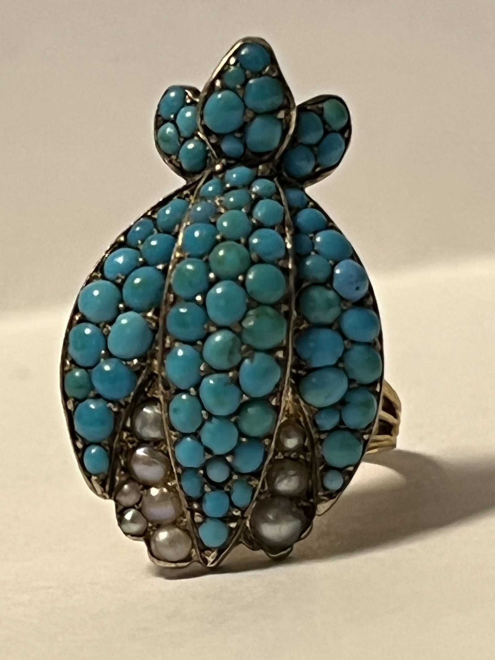 ANTIQUE TURQUOISE & PEARLS 14K GOLD BUG RING SZ 6.5 (1 of 4)