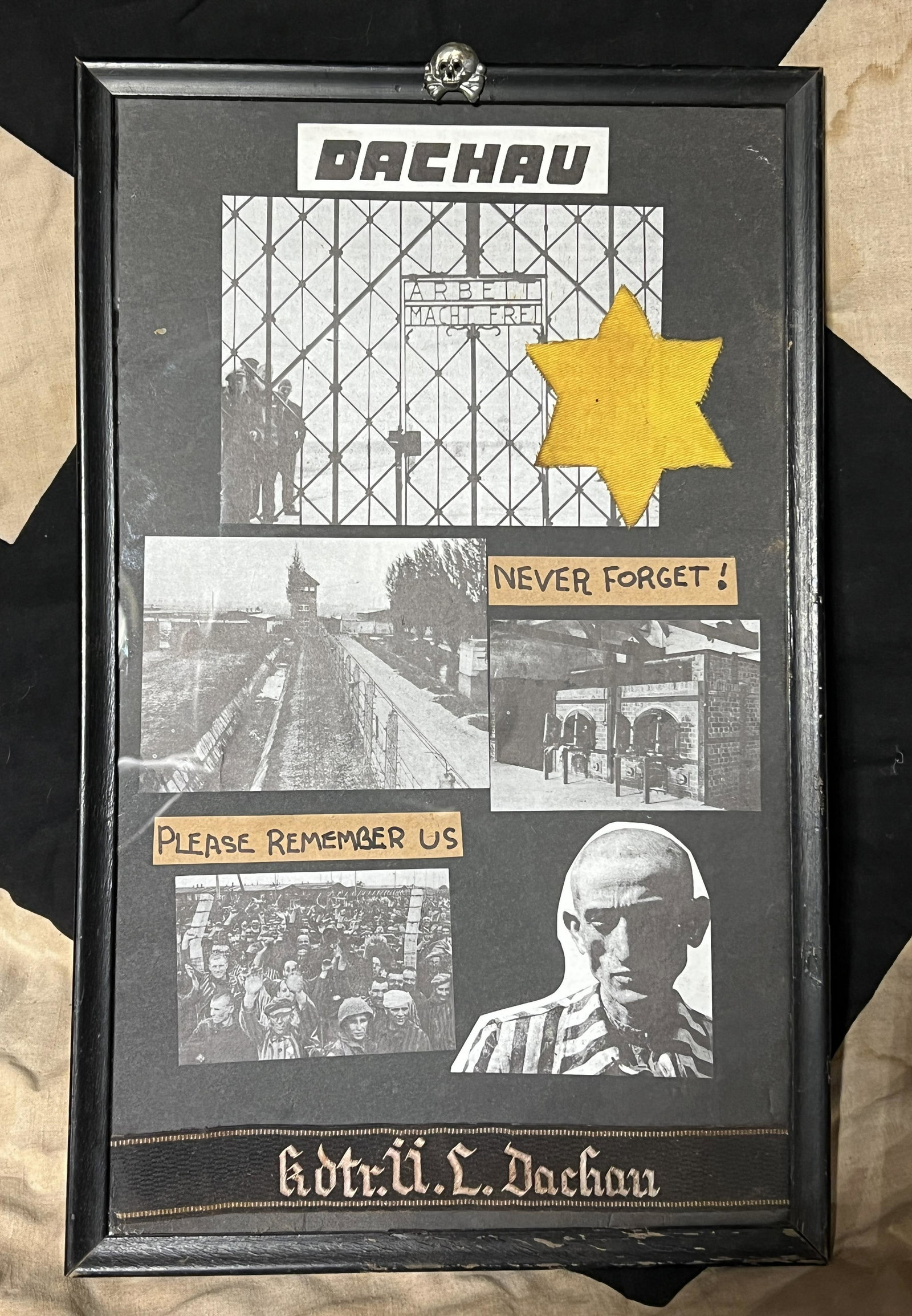 RARE WW2 FRAMED JEWISH DACHAU CONCENTRATION CAMP RELICS: RARE WW2 FRAMED JEWISH DACHAU CONCENTRATION CAMP RELICS. INCLUDED IN THIS FRAMED SET IS A STAR OF DAVID, PICTURES, AND A DACHAU CONCENTRATION CAMP ARMBAND. ALSO A TOTENKOPF SKULL INSIGNIA ON THE TOP O