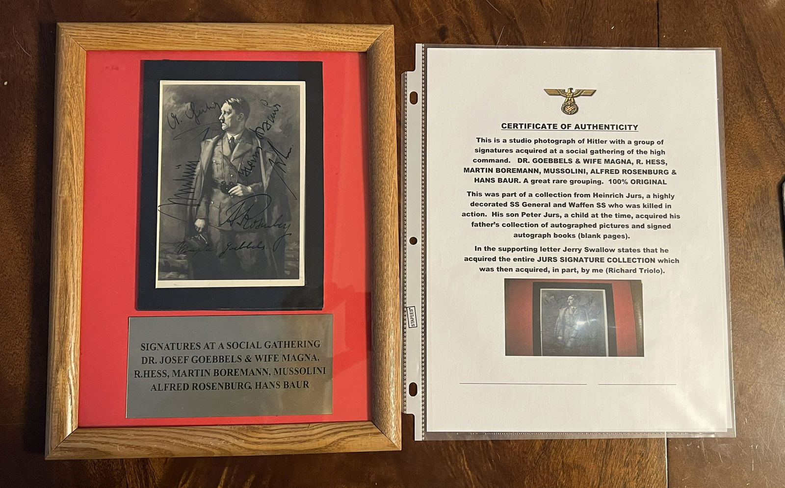 RARE WW2 GERMAN ADOLF HITLER SIGNED GROUP PHOTOGRAPH: RARE WW2 GERMAN ADOLF HITLER SIGNED GROUP PHOTOGRAPH. THIS IS A STUDIO PHOTOGRAPH OF HITLER WITH A GROUP OF SIGNATURES ACQUIRED AT A SOCIAL GATHERING OF THE HIGH COMMAND. DR. GOEBELS & WIFE MAGNA, R.