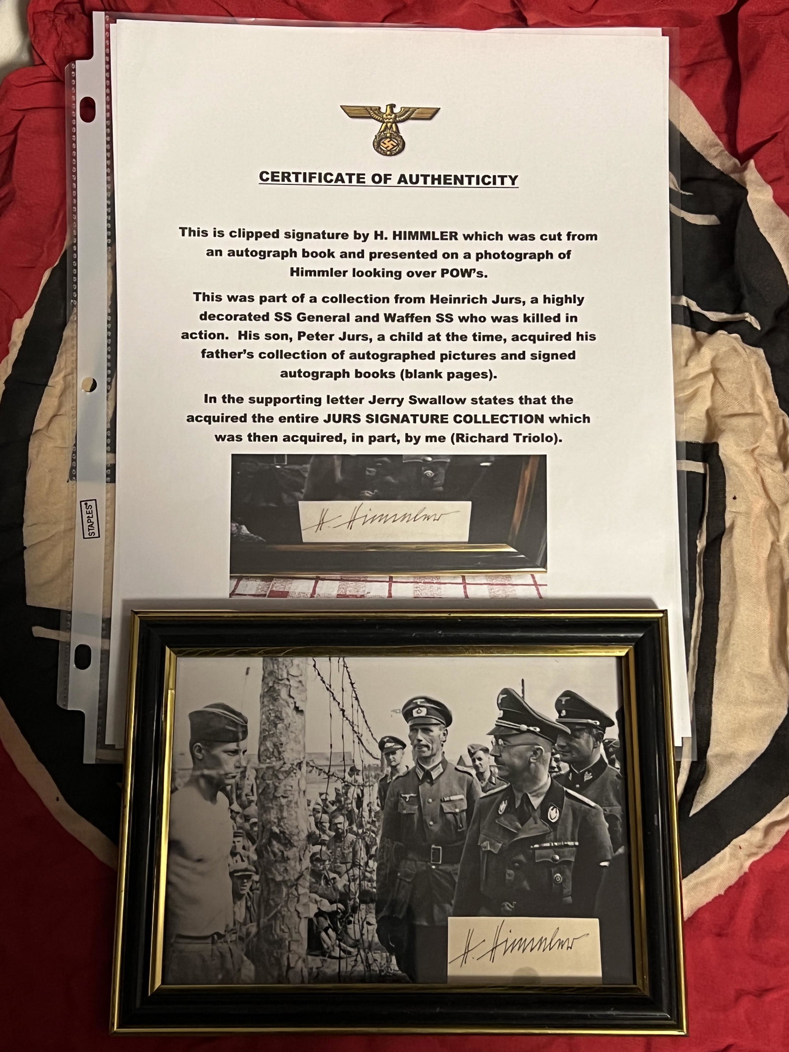 RARE WW2 GERMAN H. HIMMLER SIGNED PHOTOGRAPH W/COA: RARE WW2 GERMAN H. HIMMLER SIGNED PHOTOGRAPH W/COA. THIS IS CLIPPED SIGNATURE BY H. HIMMLER WHICH WAS CUT FROM AN AUTOGRAPH BOOK AND PRESENTED ON A PHOTOGRAPH OF HIMMLER LOOKING OVER POW'S. THIS WAS P