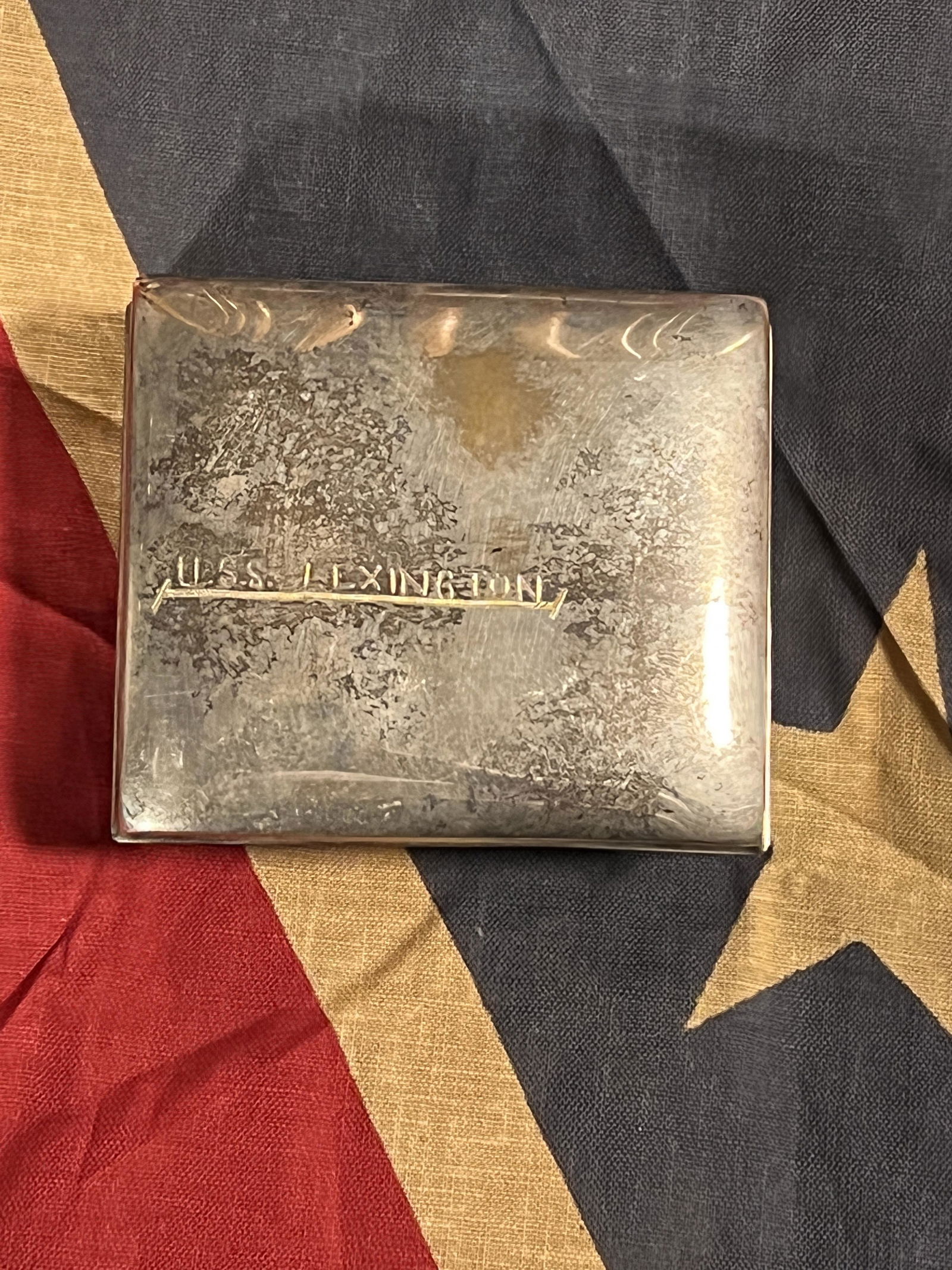 ANTIQUE SILVER U.S.S. LEXINGTON BOX MARKED: ANTIQUE SILVER U.S.S. LEXINGTON BOX MARKED. A RARE FIND. IT IS IN MINT OVERALL SHAPE AND CONDITION WITH A BEAUTIFUL OVERALL PATINA. HAS A GREAT LOOK TO IT WITH AN EXCELLENT OVERALL EYE APPEAL. A GREAT