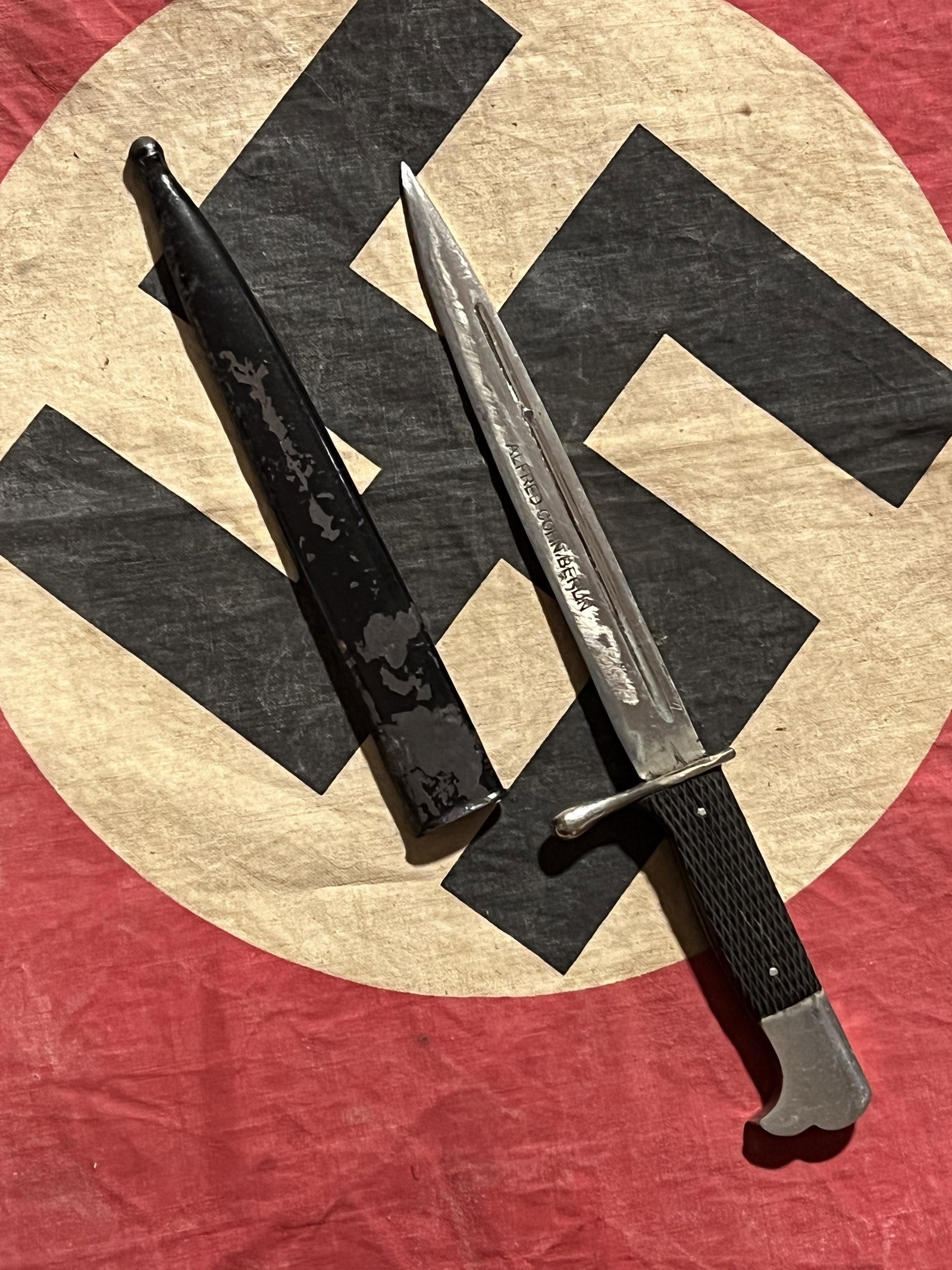 VERY RARE WW2 GERMAN HJ MINIATURE DAGGER - ALFRED COHN.: VERY RARE WW2 GERMAN HJ MINIATURE DAGGER - FROM THE ALFRED COHN. COLLECTION. KNFE BLADE IS ENGRAVED WITH HIS NAME. IT IS IN MINT OVERALL SHAPE AND CONDITION WITH A BEAUTIFUL OVERALL PATINA. PLEASE VIE