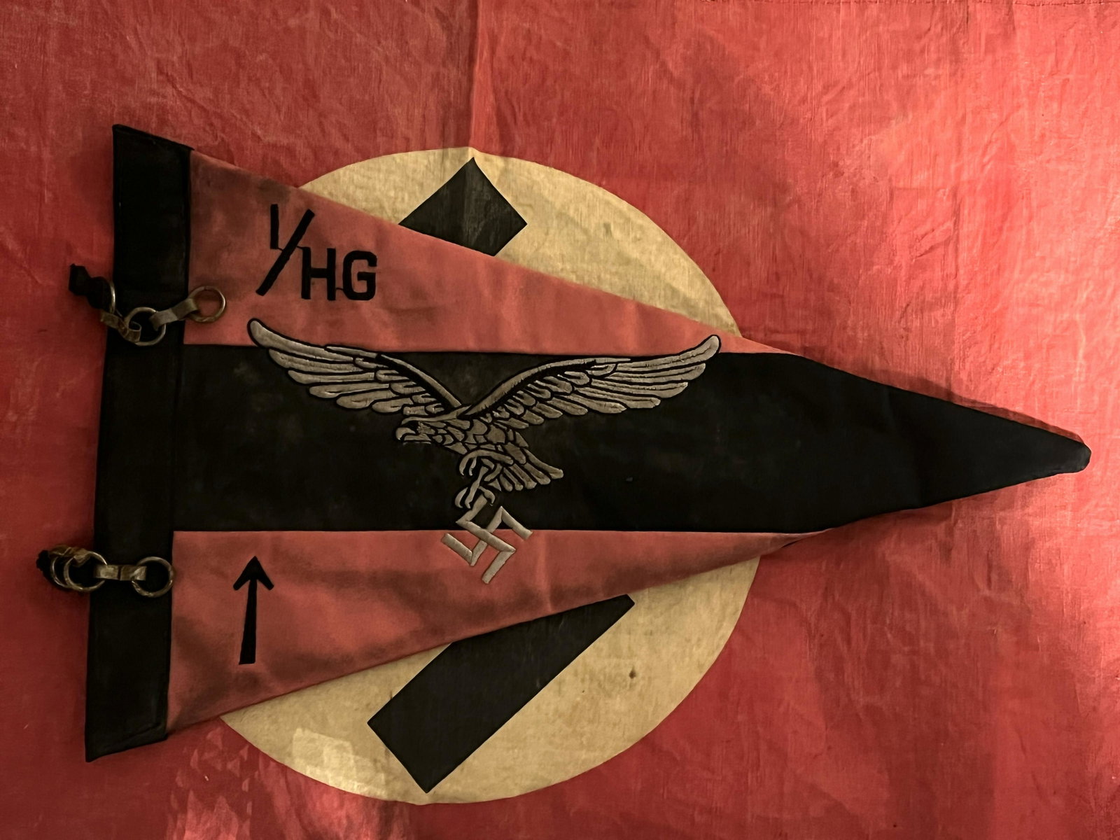 WW2 GERMAN HERMANN GOERING DIV. CAR PENNANT: WW2 GERMAN HERMANN GOERING DIV. CAR PENNANT. A RARE FIND. IT IS IN MINT OVERALL SHAPE AND CONDITION WITH A BEAUTIFUL OVEALL PATINA. HAS A GREAT LOOK TO IT WITH AN EXCELLENT OVERALL EYE APPEAL. PLEASE 