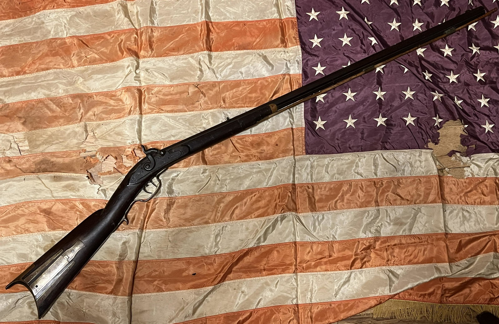 CIVIL WAR JAMES BROWN & SON PERCUSSION LONG RIFLE: CIVIL WAR JAMES BROWN & SON PERCUSSION LONG RIFLE. With 43.5" long octagonal barrel, marked on top "James Bown & Son Pittsburgh, Pa. Enterprise Gun Works", circa .32 caliber with steel front and rear 