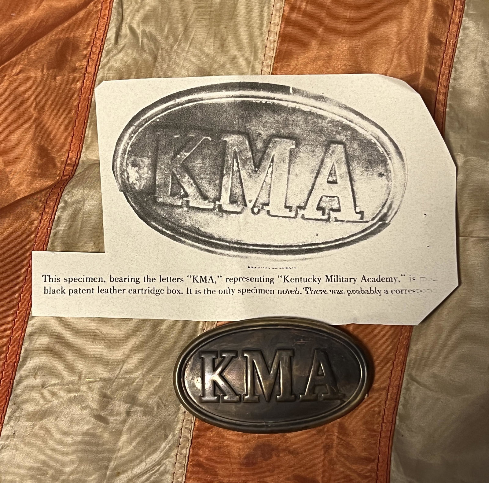 CIVIL WAR KMA KENTUCKY MILITARY ACADEMY BOX PLATE: CIVIL WAR KMA KENTUCKY MILITARY ACADEMY BOX PLATE. A RARE FIND. IT IS IN MINT OVERALL SHAPE AND CONDITION WITH A BEAUTIFUL OVERALL PATINA. PLEASE VIEW ALL DETAILED PICTURES. A GREAT FIND AND AN EXCELL