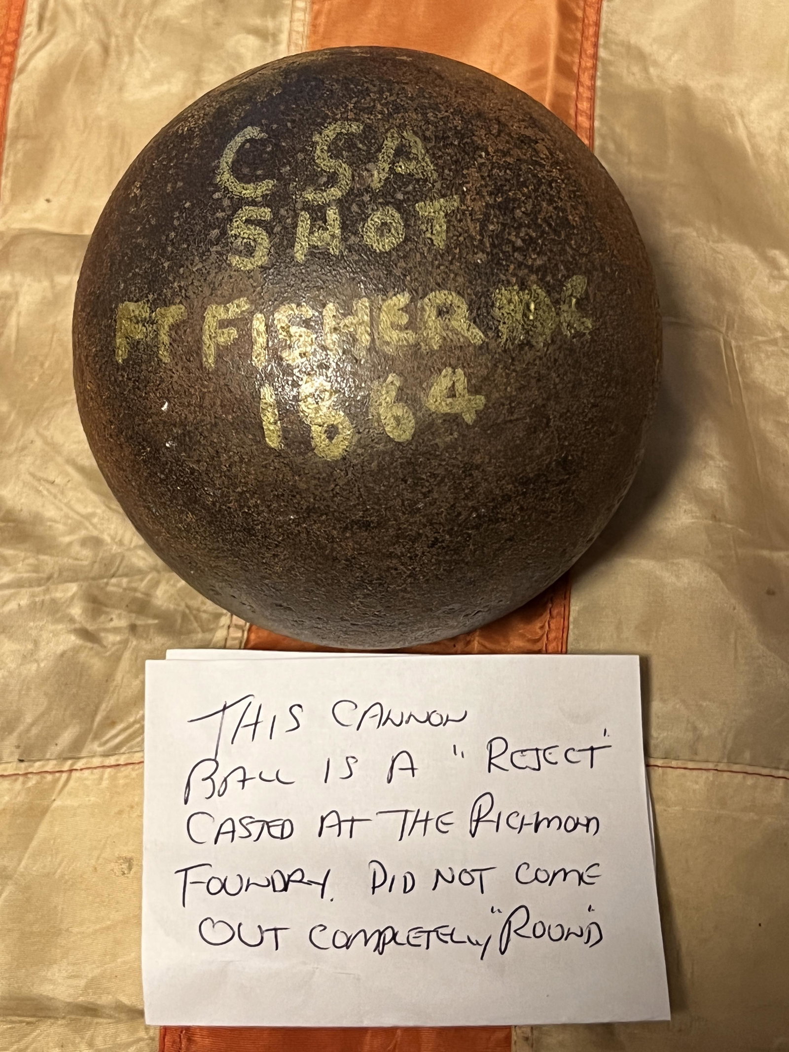 CIVIL WAR REJECTED CSA SHOT CANNON BALL: CIVIL WAR REJECTED CSA SHOT CANNON BALL. THIS CANNON BALL IS A "REJECT" CASTED AT THE RICHMOND FOUNDRY. DID NOT COME OUT COMPLETELY ROUND. PLEASE VIEW ALL DETAILED PICTURES. A GREAT FIND AND AN EXCELL