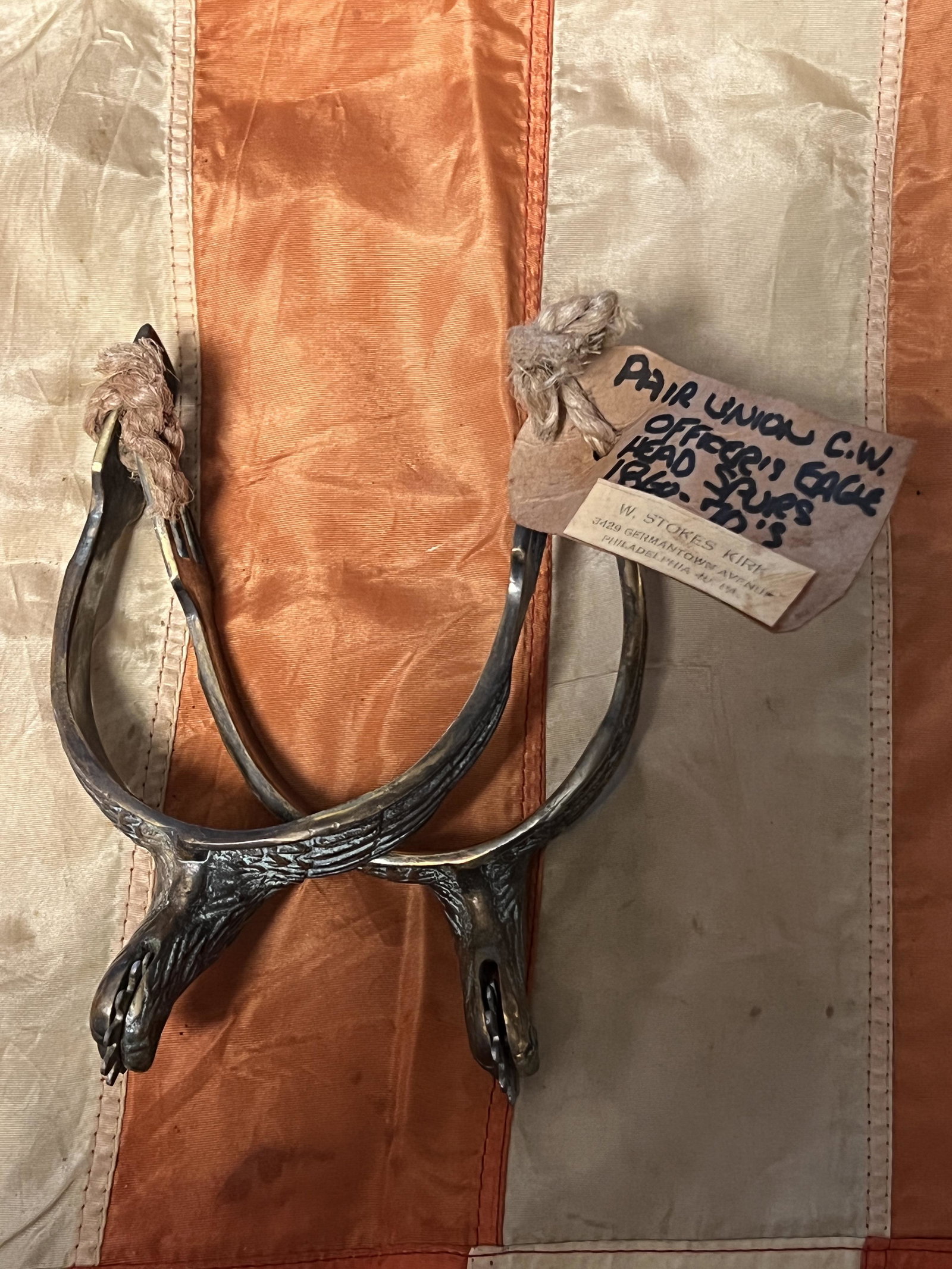 PAIR OF UNION CIVIL WAR OFFICERS EAGLE HEAD SPURS: PAIR OF UNION CIVIL WAR OFFICERS EAGLE HEAD SPURS SOLD BY W. STOKES KIRK. THESE ARE COMPLETE AND IN MINT OVERALL SHAPE AND CONDITION WITH A BEAUTIFUL OVERALL PATINA. HAS A GREAT LOOK TO IT WITH AN EXC