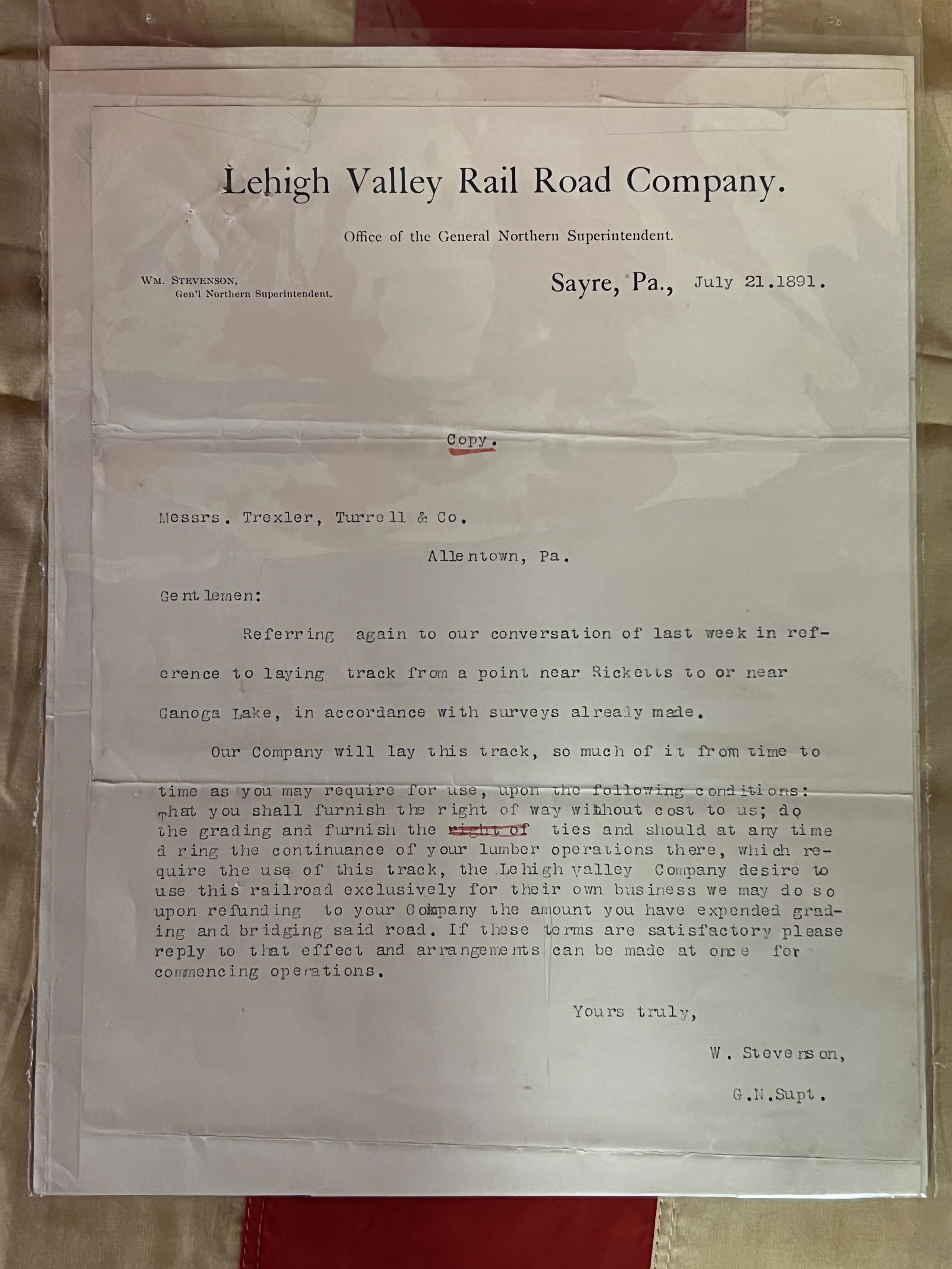 DATED 1891 LEHIGH VALLEY RAILROAD CO. DOCUMENT (1 of 2)
