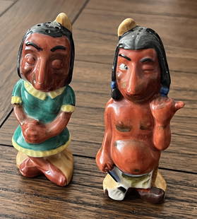 EARLY NATIVE AMERICAN PORCELAIN SALT/PEPPER SHAKERS: EARLY NATIVE AMERICAN PORCELAIN SALT/PEPPER SHAKERS. MADE IN JAPAN. A RARE FIND. THESE ARE IN MINT OVERALL SHAPE AND CONDITION WITH A BEAUTIFUL OVERALL PATINA. THESE ARE ALL HAND-MADE AND