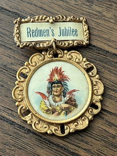 1899 REDMEN'S JUBILEE NATIVE AMERICAN BADGE: 1899 REDMEN'S JUBILEE NATIVE AMERICAN BADGE. A RARE FIND. HAS THE MAKER MARKS ON THE BACK. PLEASE VIEW ALL DETAILED PICTURES. A GREAT FIND AND AN EXCELLENT ADDITION TO YOUR COLLECTION.