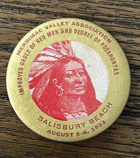 1933 NATIVE AMERICAN SALISBURY BEACH ASSN. BADGE: 1933 NATIVE AMERICAN SALISBURY BEACH MERRIMAC VALLEY ASSOCIATION BADGE. IMPROVED ORDER OF RED MEN AND DEGREE OF POCAHONTAS. PLEASE VIEW ALL DETAILED PICTURES. A GREAT FIND AND AN EXCELLENT ADDITION