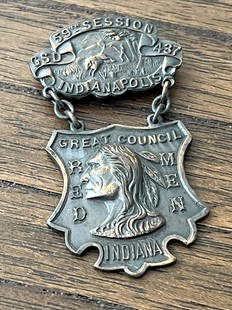 1900'S 59TH SESSION INDIANAPOLIS RED MEN BADGE: 1900'S 59TH SESSION INDIANAPOLIS RED MEN BADGE. A RARE FIND. IT IS IN MINT OVERALL SHAPE AND CONDITION WITH A BEAUTIFUL OVERALL PATINA. A GREAT FIND AND AN EXCELLENT ADDITION TO YOUR COLLECTION.