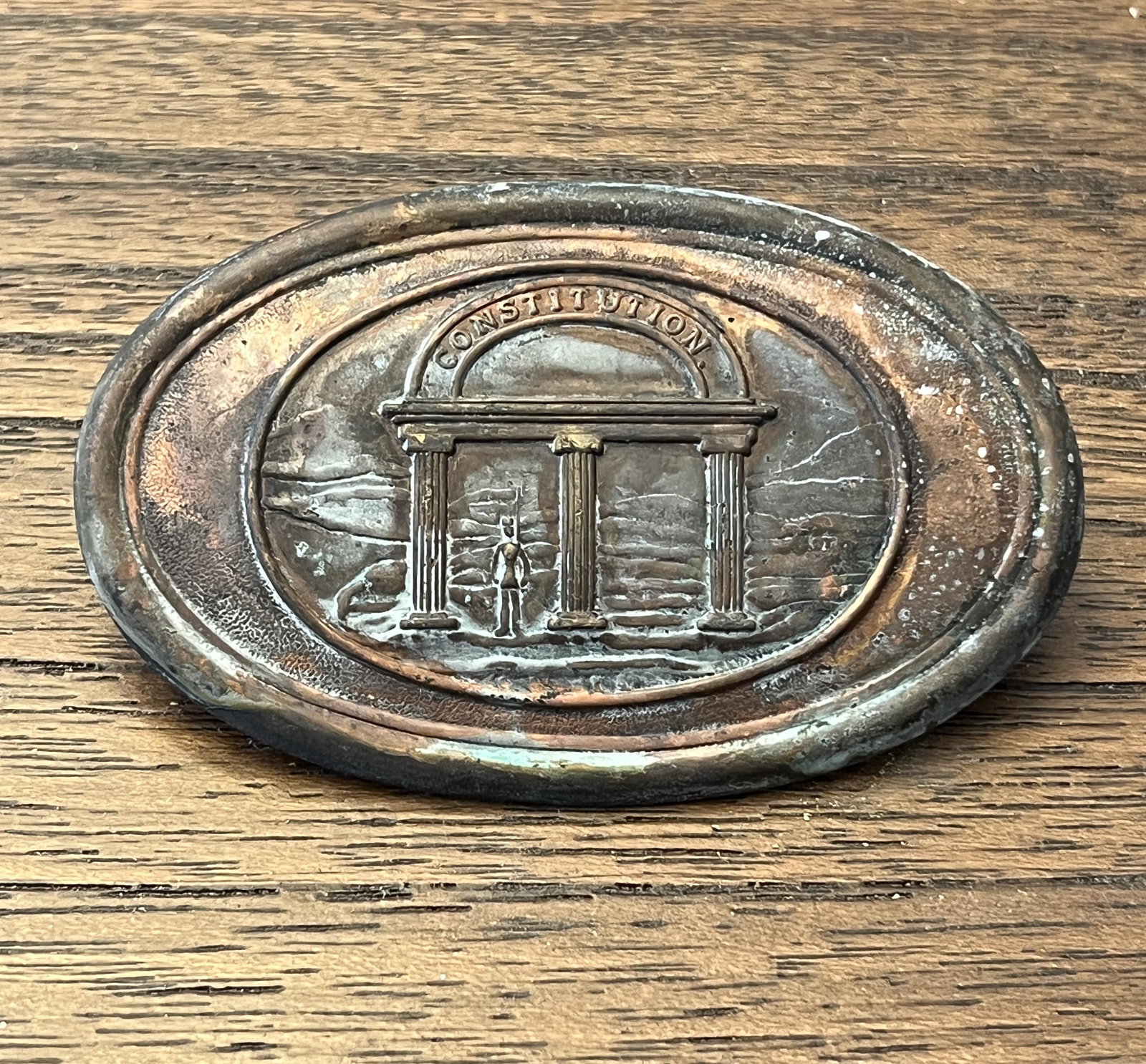 RARE CIVIL WAR GEORGIA CONFEDERATE BELT BUCKLE - MAKER MARKED TAG: RARE CIVIL WAR GEORGIA CONFEDERATE BELT BUCKLE - MAKER MARKED TAG - W. STOKES KIRK. A RARE FIND. IT IS IN MINT OVERALL SHAPE AND CONDITION WITH A BEAUTIFUL OVERALL PATINA. HAS A GREAT LOOK TO IT WITH 