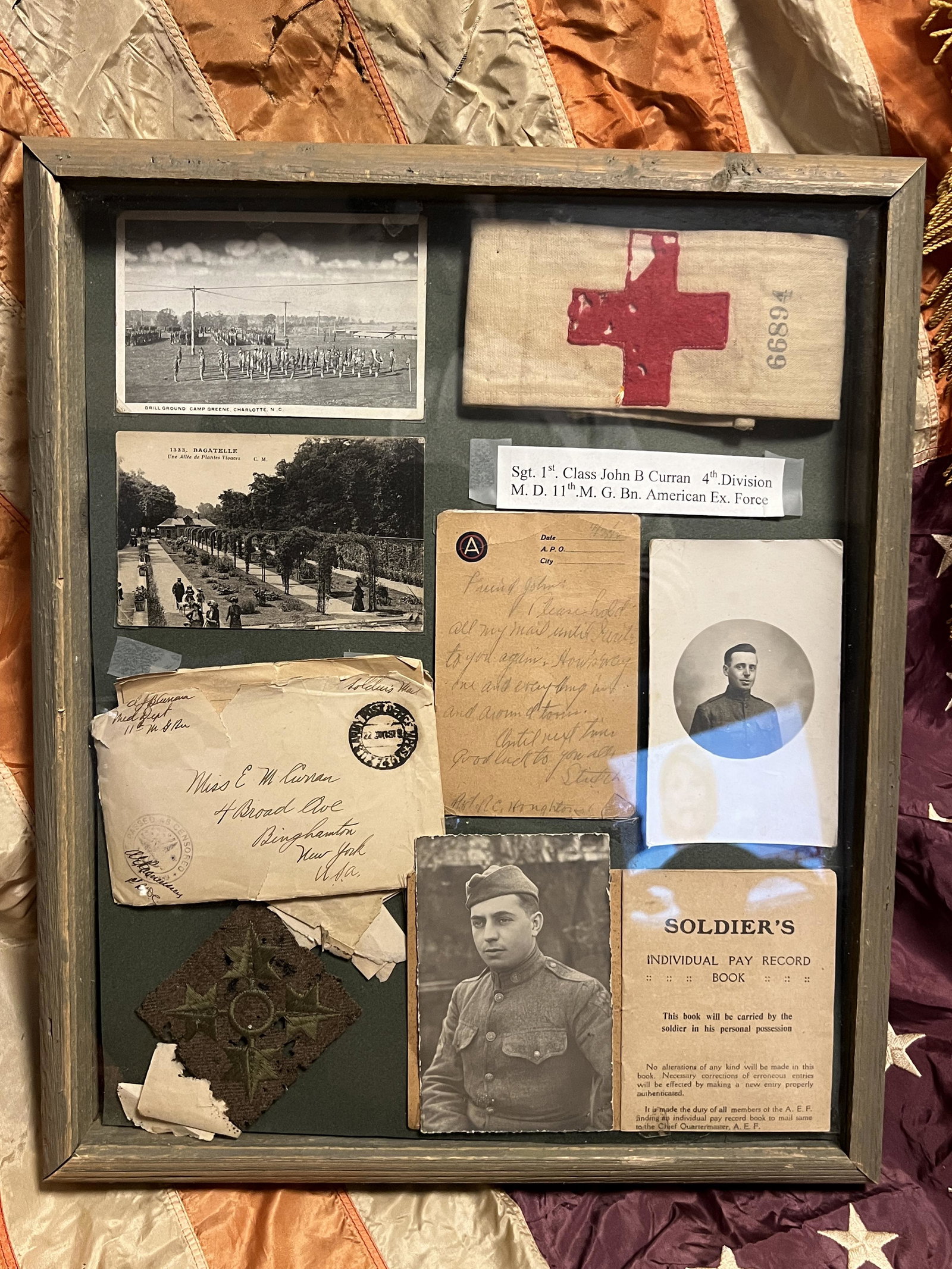 WW1 U.S. SET OF SGT. 1ST CLASS JOHN B CURRAN PERSONAL ITEMS - FRAMED: WW1 U.S. SET OF SGT. 1ST CLASS JOHN B CURRAN PERSONAL ITEMS - FRAMED. A RARE FIND. COMES IN THE ORIGNAL FRAMING. PLEASE VIEW ALL DETAILED PICTURES. A VERY RARE GROUPING. A GREAT FIND AND AN EXCELLENT 