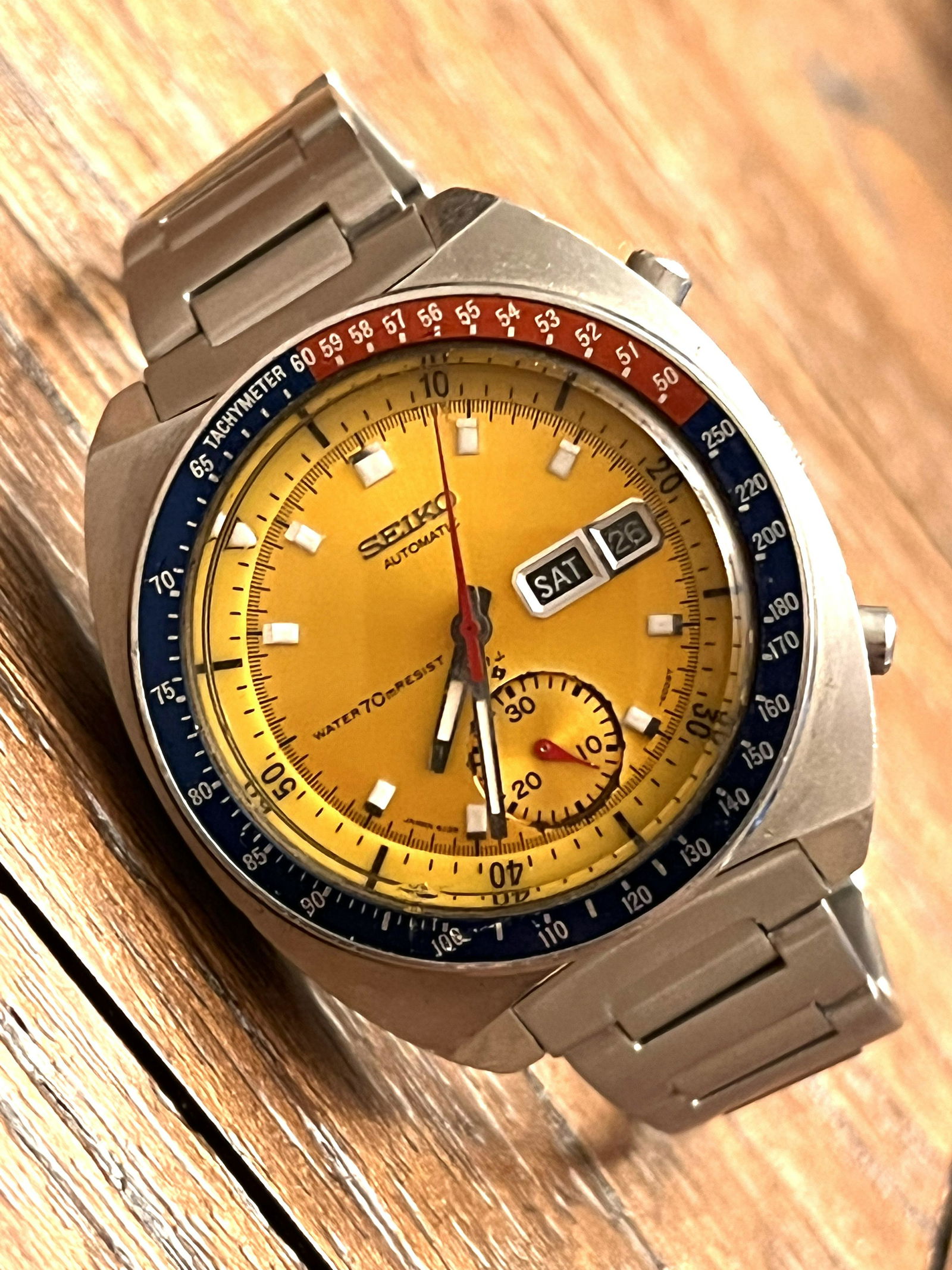 ORIGINAL SEIKO TRUE POGUE CHRONOGRAPH WRISTWATCH: ORIGINAL SEIKO TRUE POGUE CHRONOGRAPH WRISTWATCH. A VERY VERY RARE FIND. THIS IS THE ORIGINAL TRUE POGUE WATCH WITH NUMBER 6139-6005. WATCH WAS RUNNING BUT IT NEEDS SERVICING. THE BOTTOM PUSHER DOES N