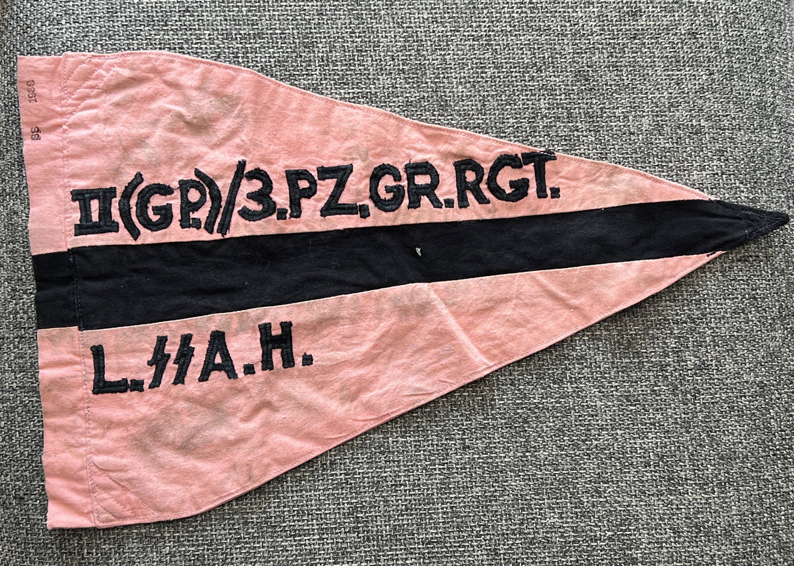 WW2 GERMAN 3RD PANZER SS ADOLF HITLER VEHICLE PENNANT: WW2 GERMAN 3RD PANZER SS ADOLF HITLER VEHICLE PENNANT. A VERY RARE FIND. DATED 1939 AND HAS A SS STAMP. IN MINT OVERALL SHAPE AND CONDITION WITH A BEAUTIFUL OVERALL PATINA. HAS A GREAT LOOK TO IT WITH