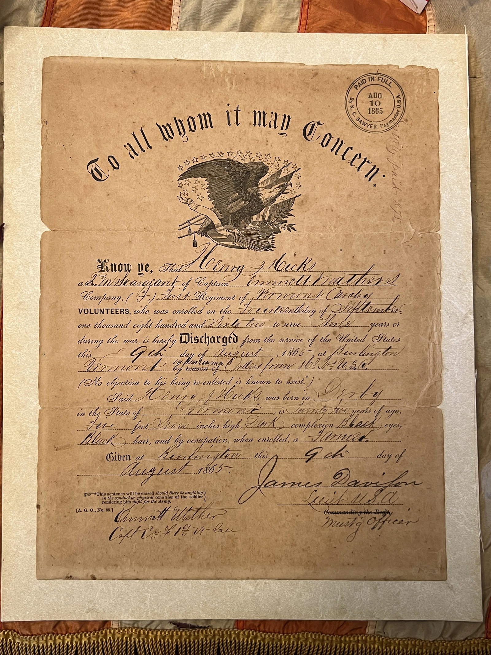 CIVIL WAR DATED 1865 HENRY NICKS DISCHARGED DOCUMENTATION: CIVIL WAR DATED 1865 HENRY NICKS DISCHARGED DOCUMENTATION. A VERY RARE FIND. IT IS IN MINT OVERALL SHAPE AND CONDITION WITH A BEAUTIFUL OVERALL PATINA. HAS A GREAT LOOK TO IT WITH AN EXCELLENT OVERALL