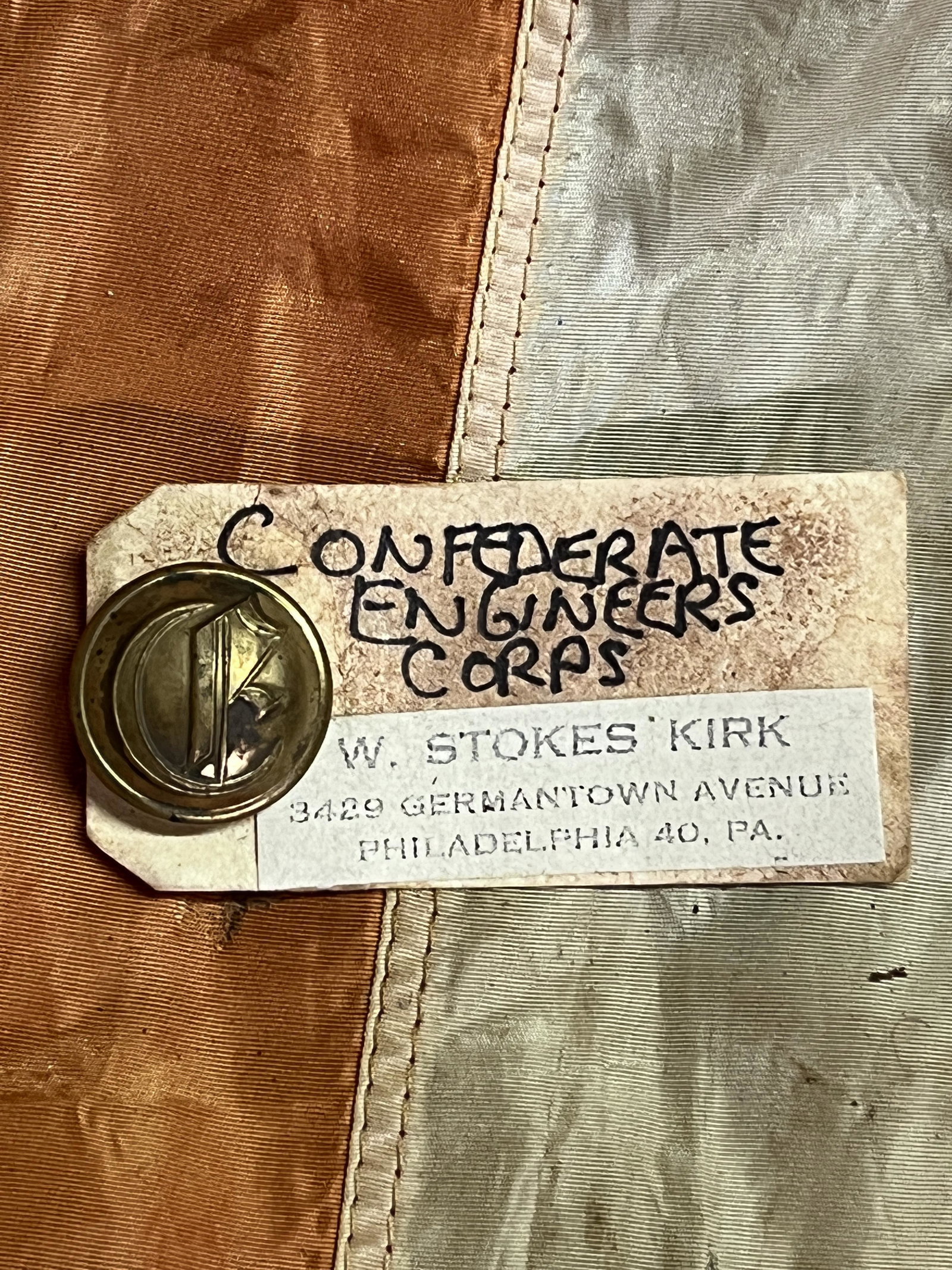 W. STOKES KIRK CIVIL WAR CONFEDERATE ENGINEERS BUTTON: W. STOKES KIRK CIVIL WAR CONFEDERATE ENGINEERS BUTTON. HAS THE MAKER MARKS TAG ATTACHED TO IT. HAS A GREAT LOOK TO IT WITH AN EXCELLENT OVERALL EYE APPEAL. A GREAT FIND AND AN EXCELLENT ADDITION TO YO