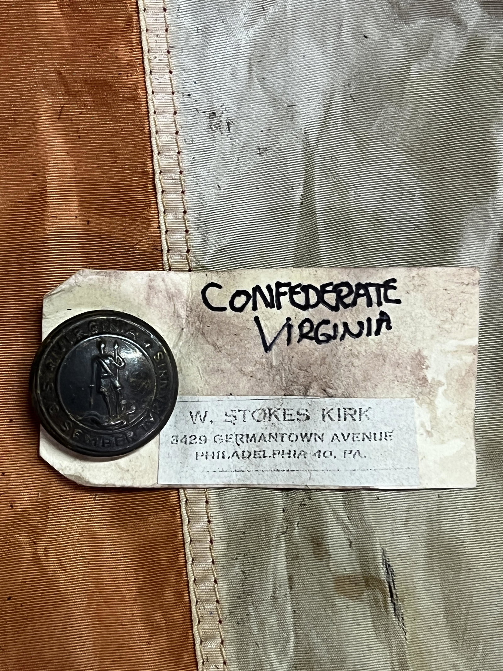 W. STOKES KIRK CIVIL WAR CONFEDERATE VIRGINIA BUTTON: W. STOKES KIRK CIVIL WAR CONFEDERATE VIRGINIA BUTTON. HAS THE MAKER MARKS TAG ON IT. IT IS IN MINT OVERALL SHAPE AND CONDITION WITH A BEAUTIFUL OVERALL PATINA. PLEASE VIEW ALL DETAILED PICTURES. A GRE