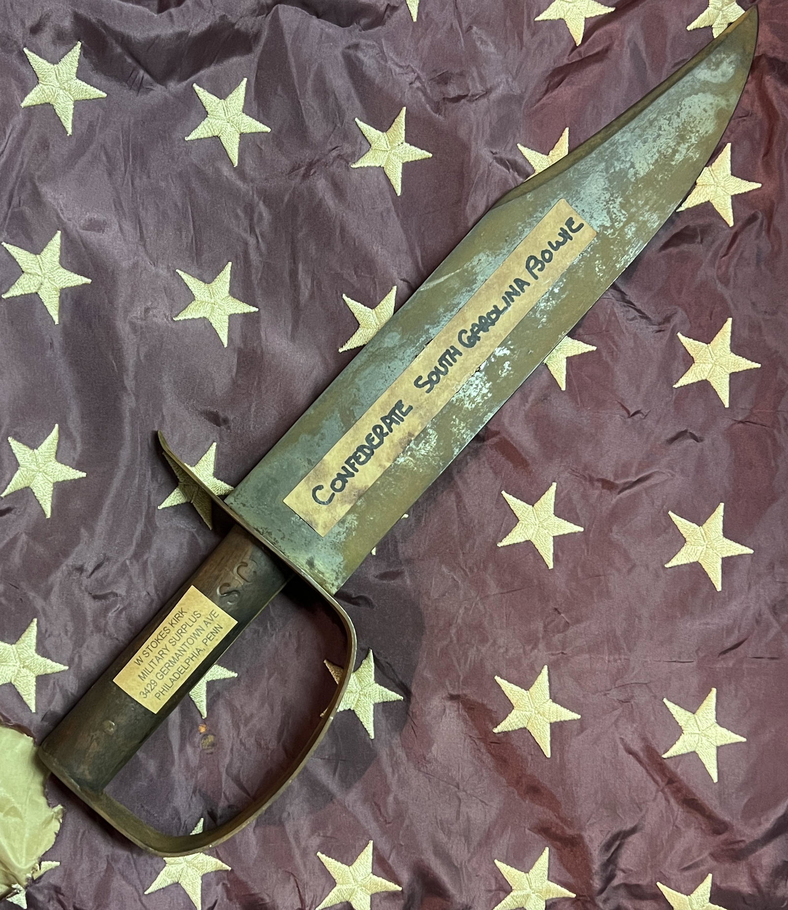 W. STOKES KIRK CIVIL WAR CONFEDERATE SOUTH CAROLINA D-GUARD BOWIE KNIFE: W. STOKES KIRK CIVIL WAR CONFEDERATE SOUTH CAROLINA D-GUARD BOWIE KNIFE. A VERY RARE FIND. IT IS IN MINT OVERALL SHAPE AND CONDITION WITH A BEAUTIFUL OVERALL PATINA. HAS A GREAT LOOK TO IT WITH AN EXC