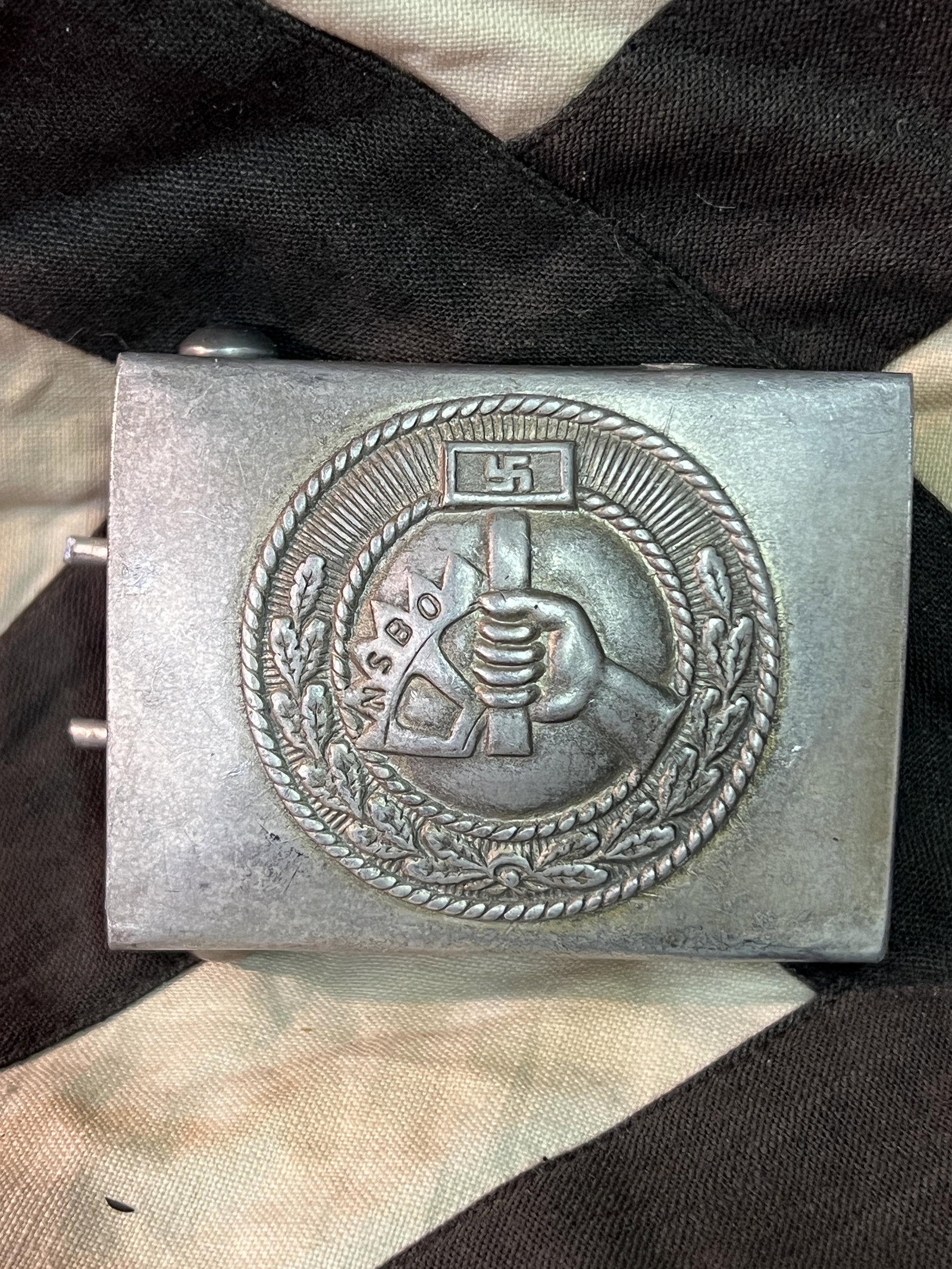 WW2 GERMAN NAZI NSBO BELT BUCKLE MARKED RZM M34/2: WW2 GERMAN NAZI NSBO BELT BUCKLE MARKED RZM M34/2. A RARE FIND. IT IS IN MINT OVERALL SHAPE AND CONDITION WITH A BEAUTIFUL OVERALL PATINA. HAS A GREAT LOOK TO IT WITH AN EXCELLENT OVERALL EYE APPEAL. 