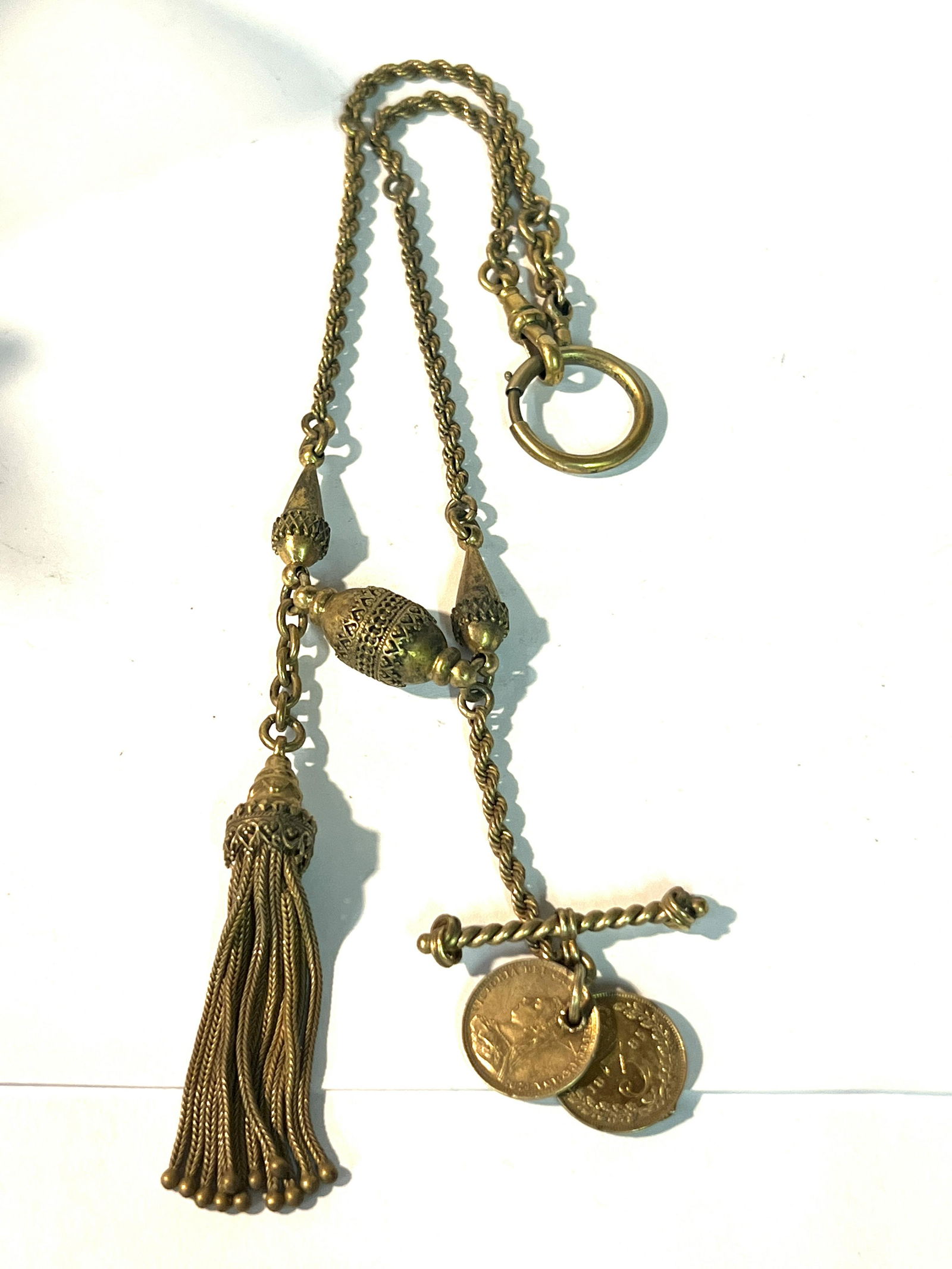 ORNATE MENS GOLD FILLED VICTORIAN WATCH FOB CHAIN W/COINS (1 of 5)