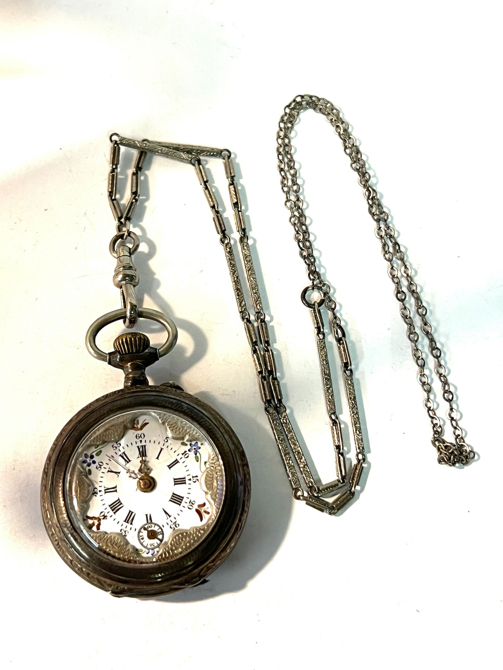 ANTIQUE 800 SILVER ENAMELED FACE POCKET WATCH W/CHAIN (1 of 7)