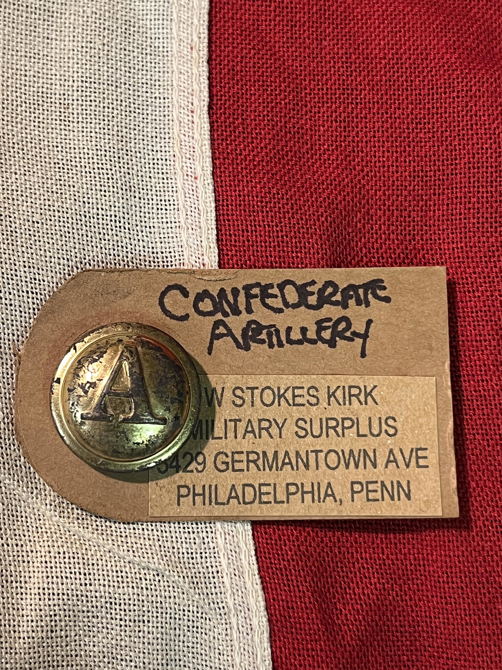 W. STOKES KIRK CIVIL WAR CONFEDERATE ARTILLERY BUTTON: W. STOKES KIRK CIVIL WAR CONFEDERATE ARTILLERY BUTTON. BEAUTIFUL OFFICER COAT BUTTON THAT IS IN MINT OVERALL SHAPE AND CONDITION. HAS A GREAT LOOK TO IT WITH AN EXCELLENT OVERALL EYE APPEAL. PLEASE VI