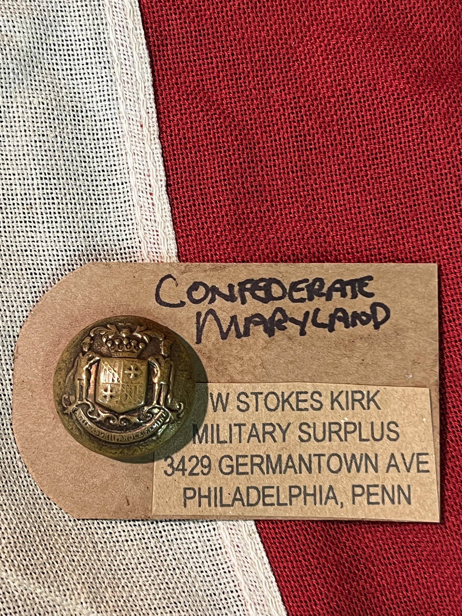 CIVIL WAR W. STOKES KIRK CONFEDERATE MARYLAND BUTTON: CIVIL WAR W. STOKES KIRK CONFEDERATE MARYLAND BUTTON. COMES WITH THE MAKER MARK TAG ON IT. HAS A GREAT LOOK TO IT WITH AN EXCELLENT OVERALL EYE APPEAL. PLEASE VIEW ALL DETAILED PICTURES. A GREAT FIND 