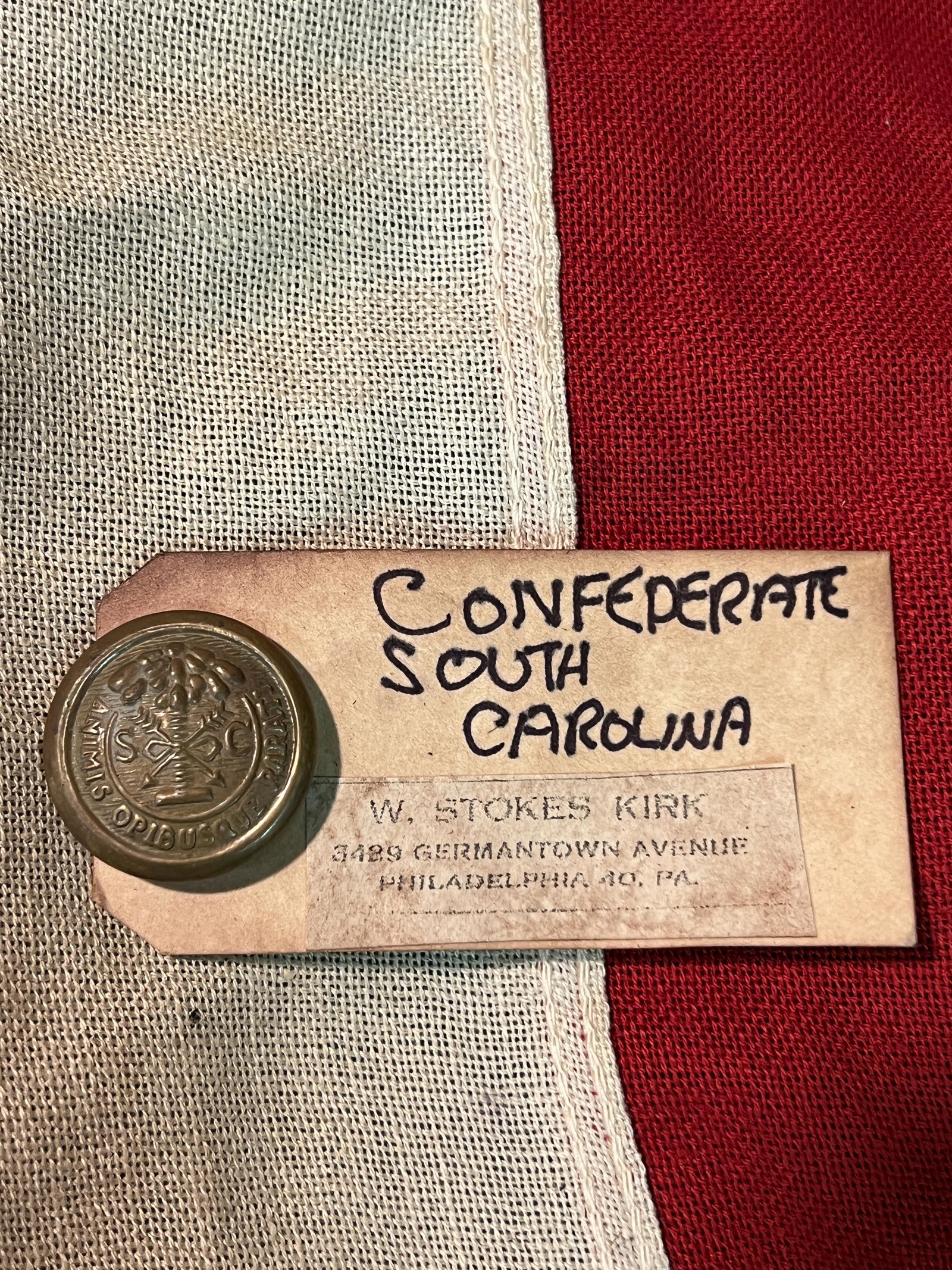 W. STOKES KIRK CIVIL WAR CONFEDERATE SOUTH CAROLINA BUTTON: W. STOKES KIRK CIVIL WAR CONFEDERATE SOUTH CAROLINA BUTTON. A RARE FIND. IT IS IN MINT OVERALL SHAPE AND CONDITION. HAS THE ORIGINAL MAKER MARKS TAG ON IT. PLEASE VIEW ALL DETAILED PICTURES. A GREAT F
