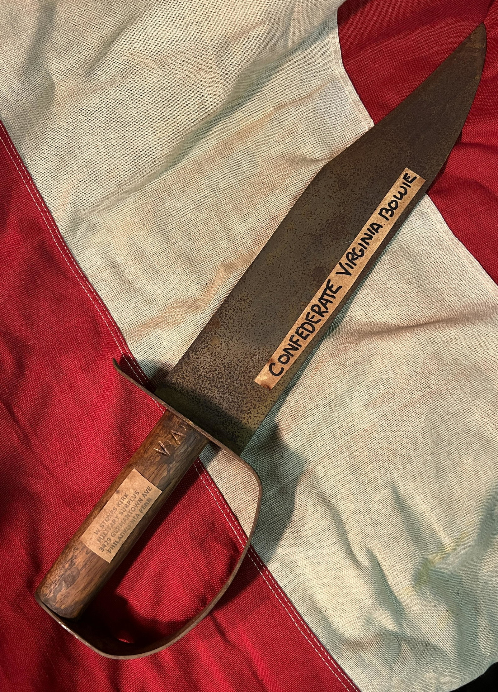 CONFEDERATE CIVIL WAR VA D-GUARD CLIP POINT BOWIE KNIFE - W. STOKES KIRK: CONFEDERATE CIVIL WAR VA D-GUARD CLIP POINT BOWIE KNIFE - W. STOKES KIRK. A VERY RARE FIND. WAS MADE BY W. STOKES KIRK. MARKED VIRIGINA - "VA". HAS A GREAT LOOK TO IT WITH AN EXCELLENT OVERALL EYE APP