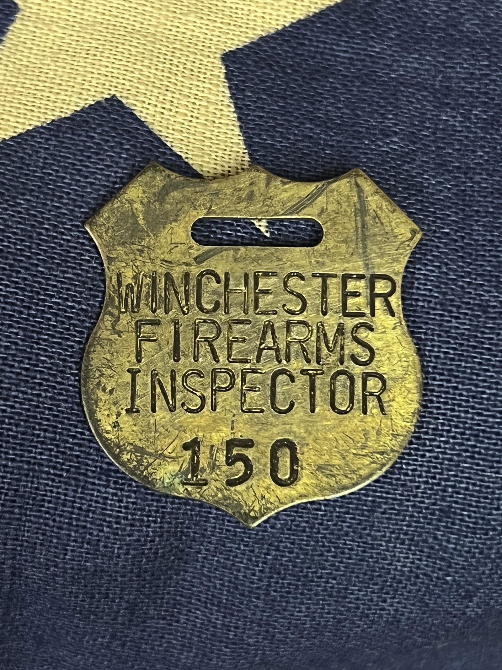 ANTIQUE CIVIL WAR WINCHESTER FIREARMS INSPCTOR #150 TAG: ANTIQUE CIVIL WAR WINCHESTER FIREARMS INSPCTOR #150 TAG. A RARE FIND. IT IS IN MINT OVERALL SHAPE AND CONDITION WITH A BEAUTIFUFL OVERALL PATINA. HAS A GREAT LOOK TO IT WITH AN EXCELLENT OVERALL EYE A