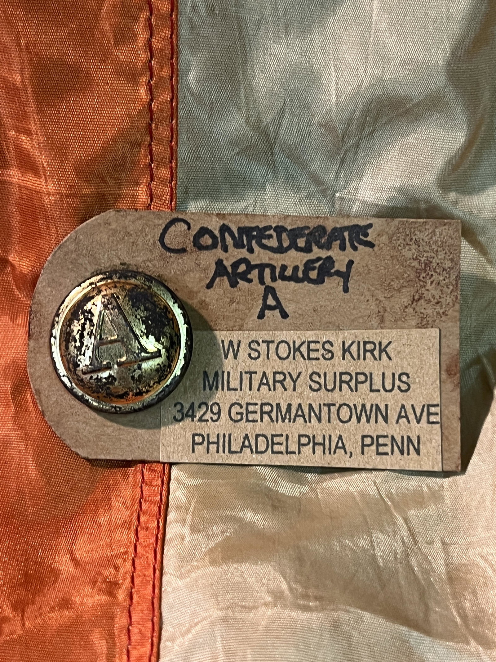 W. STOKES KIRK CIVIL WAR CONFEDERATE ARTILLERY "A" BUTTON: W. STOKES KIRK CONFEDERATE ARTILLERY "A" BUTTON. HAS THE MAKER MARKS TAGS ON IT. A RARE FIND. IT IS IN MINT OVERALL SHAPE AND CONDITION WITH A BEAUTIFUL OVERALL PATINA. HAS A GREAT LOOK TO IT WITH AN 