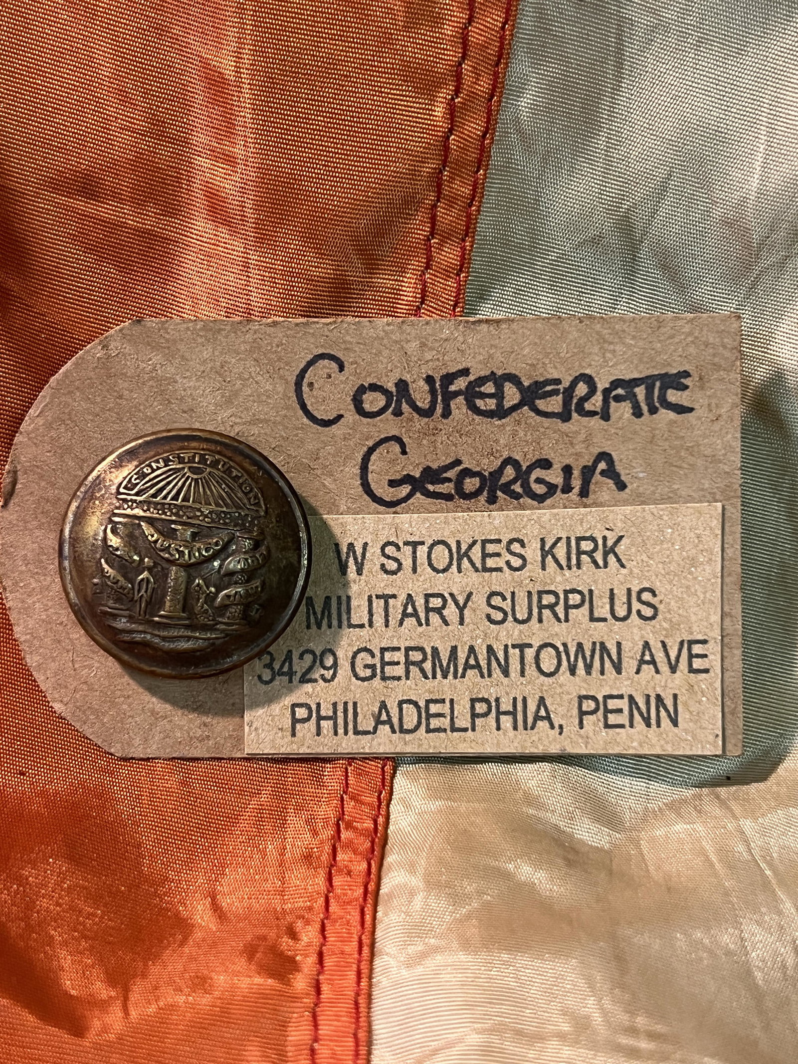 W. STOKES KIRK CIVIL WAR CONFEDERATE GEORGIA BUTTON: W. STOKES KIRK CIVIL WAR CONFEDERATE GEORGIA BUTTON. HAS THE MAKER MARKS TAGS ON IT. A RARE FIND. IT IS IN MINT OVERALL SHAPE AND CONDITION WITH A BEAUTIFUL OVERALL PATINA. HAS A GREAT LOOK TO IT WITH