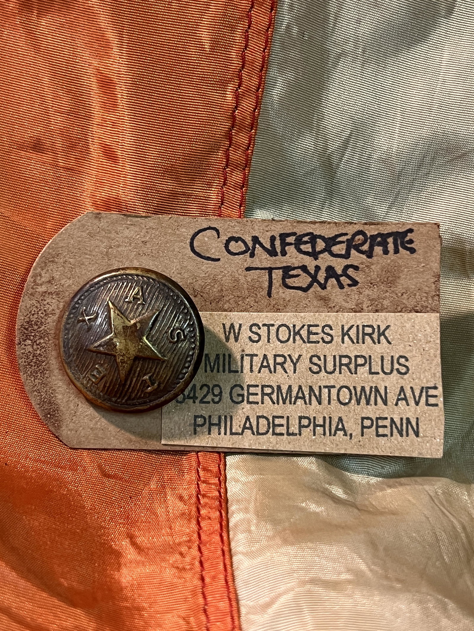 W. STOKES KIRK CIVIL WAR CONFEDERATE TEXAS BUTTON: W. STOKES KIRK CIVIL WAR CONFEDERATE TEXAS BUTTON. HAS THE MAKER MARKS TAGS ON IT. A RARE FIND. IT IS IN MINT OVERALL SHAPE AND CONDITION WITH A BEAUTIFUL OVERALL PATINA. HAS A GREAT LOOK TO IT WITH A