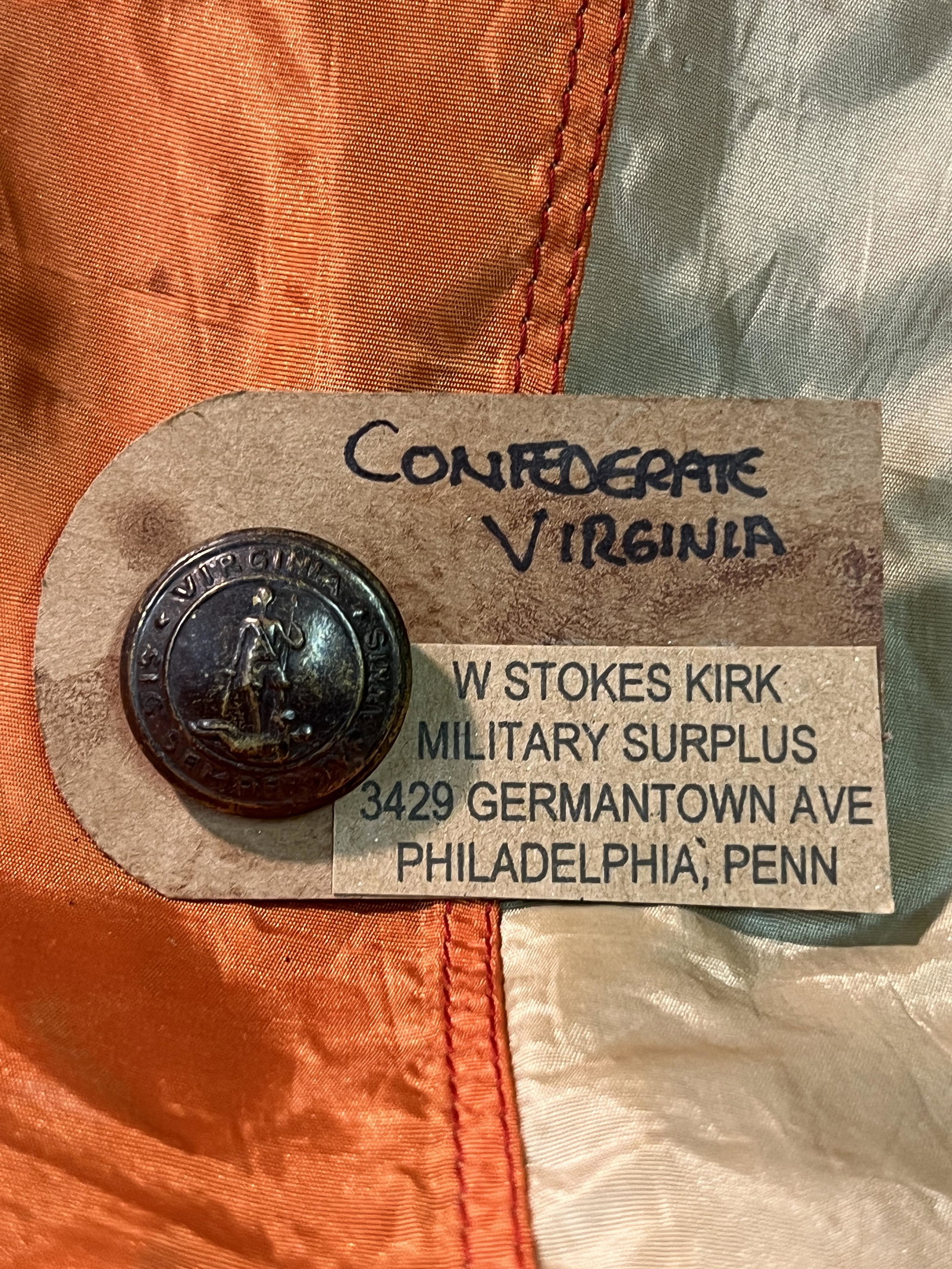 W. STOKES KIRK CIVIL WAR CONFEDERATE VIRGINIA BUTTON: W. STOKES KIRK CIVIL WAR CONFEDERATE VIRGINIA BUTTON. HAS THE MAKER MARKS TAGS ON IT. A RARE FIND. IT IS IN MINT OVERALL SHAPE AND CONDITION WITH A BEAUTIFUL OVERALL PATINA. HAS A GREAT LOOK TO IT WIT