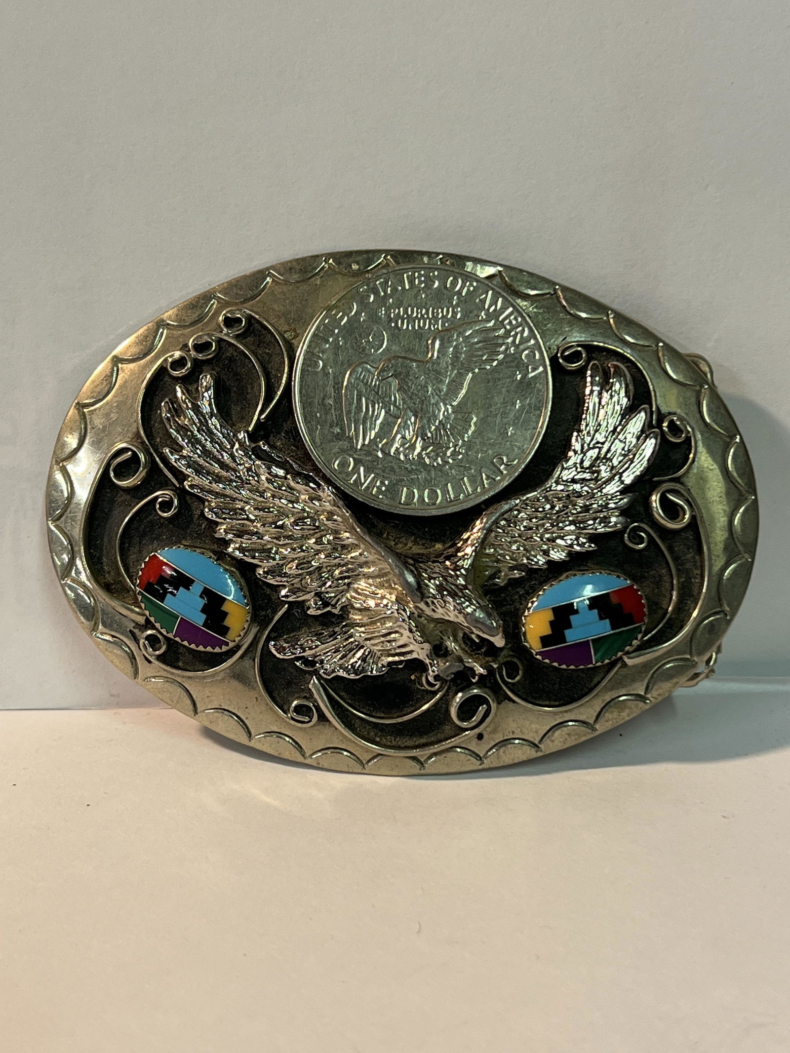 SIGNED NATIVE AMERICAN TURQUOISE BELT BUCKLE W/ US DOLLAR COIN (1 of 6)