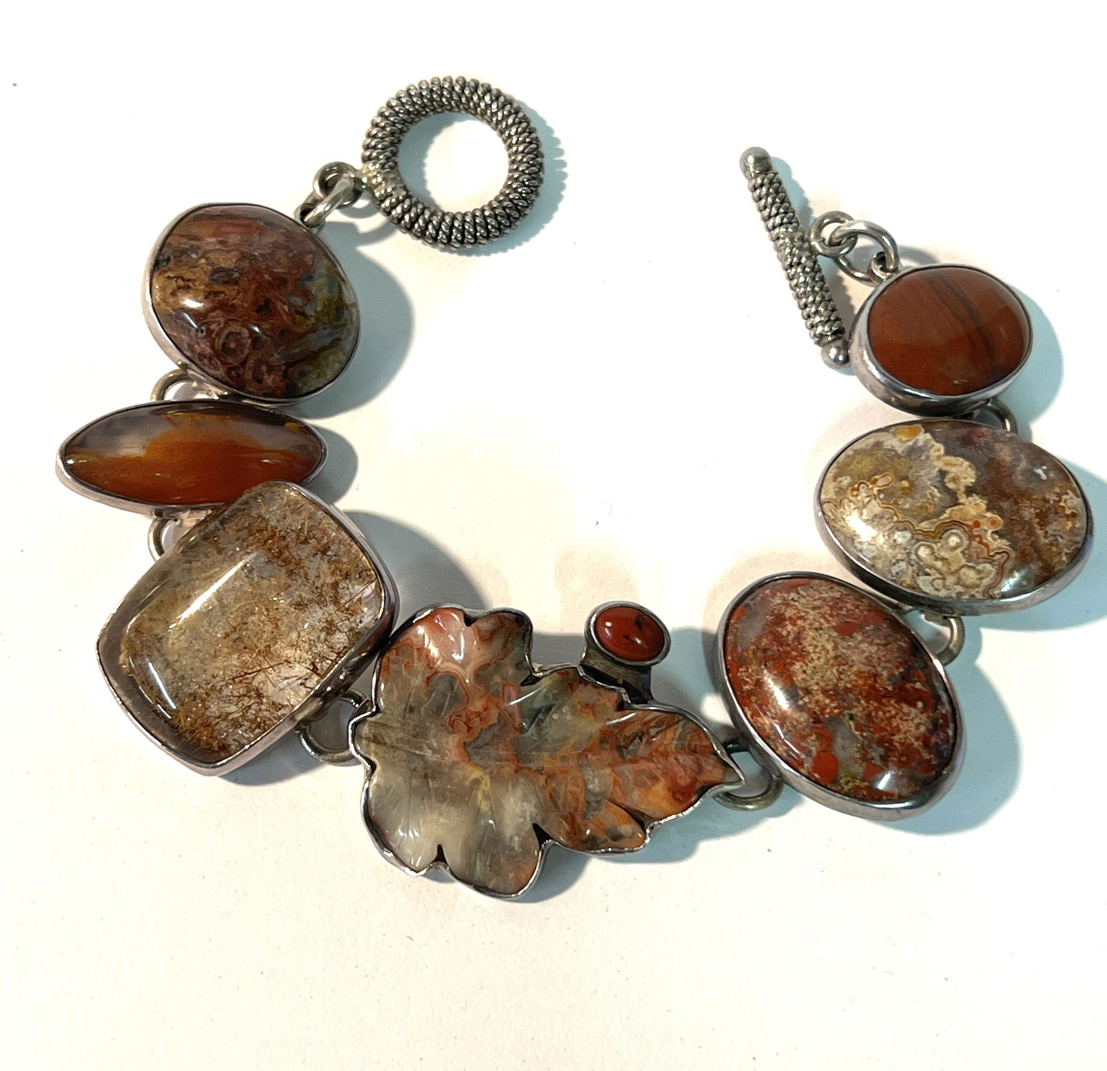 ESTATE STERLING SILVER AGATE MAPLE LEAF DESIGNER BRACELET (1 of 4)