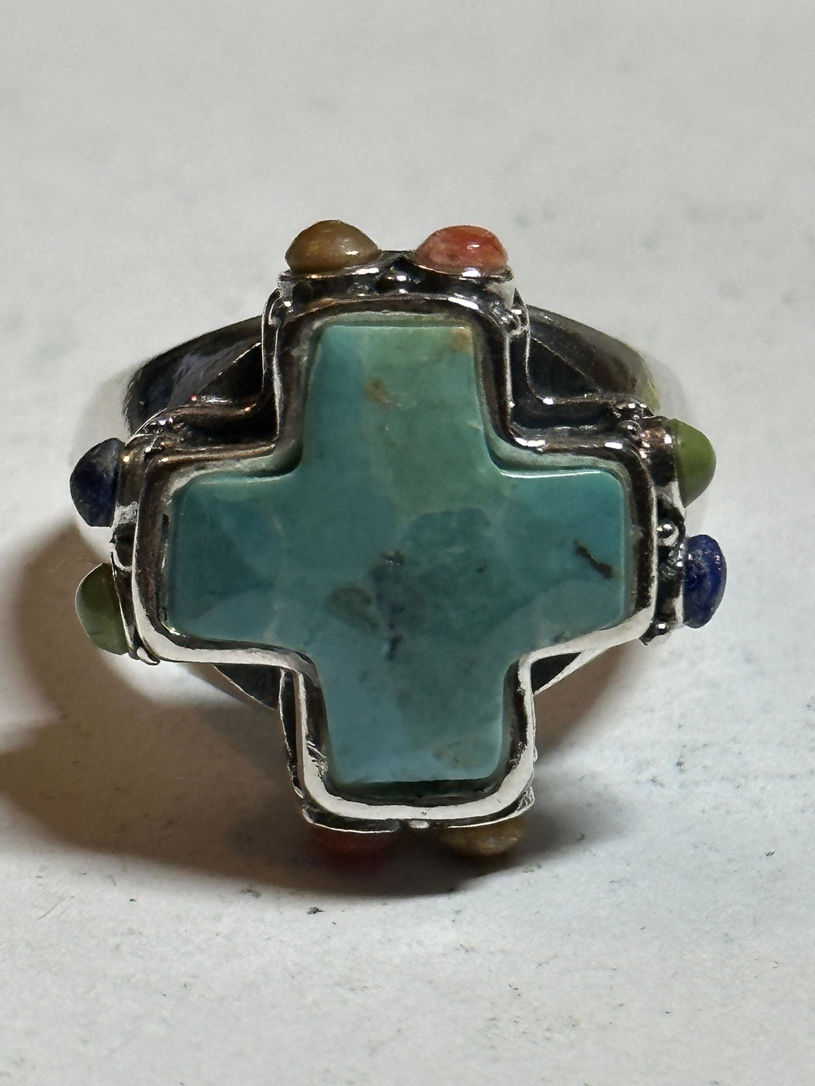 NATIVE AMERICN STERLING SILVER CROSS RING WITH GEMSTONES SZ 6.5 (1 of 3)