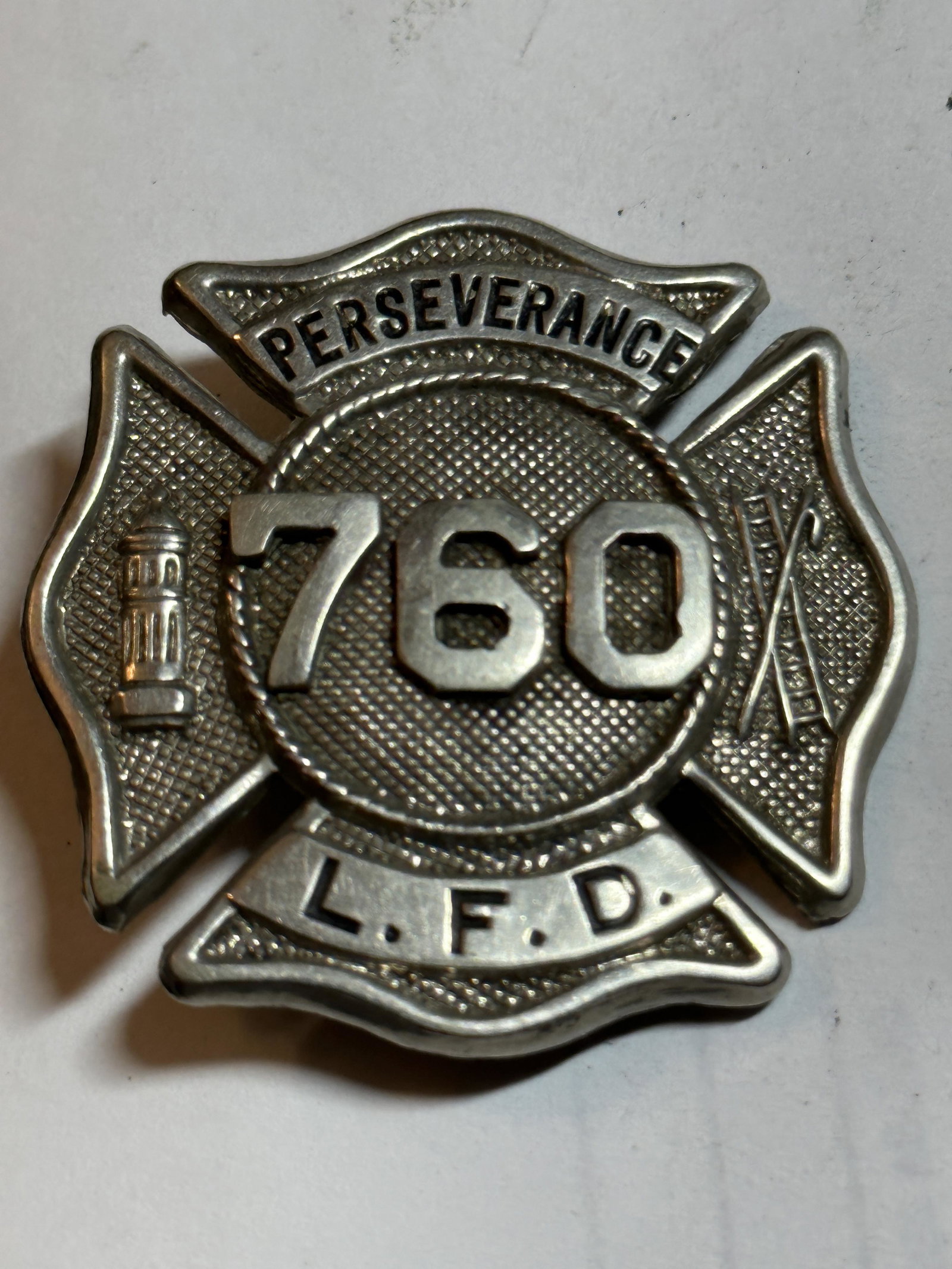 VINTAGE L.F.D. PERSEVERANCE FIRE DEPT. BADGE (1 of 3)