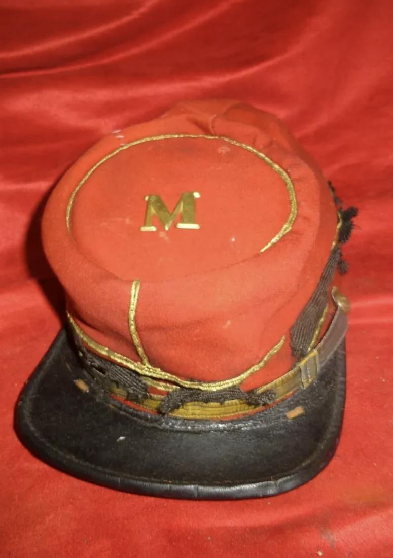BATTLE WORN CIVIL WAR OFFICER CONFEDERATE KEPI: HER IS A REMARKABLE EXAMPLE OF ONE OF THE MOST DESIREABLE PIECES OF CIVIL WAR HEADGEAR: BATTLE WORN CIVIL WAR OFFICER CONFEDERATE KEPI. THIS CONFEDERATE CAP IS COMPLETE AND BATTLE USED/WORN. SHOWS WEA