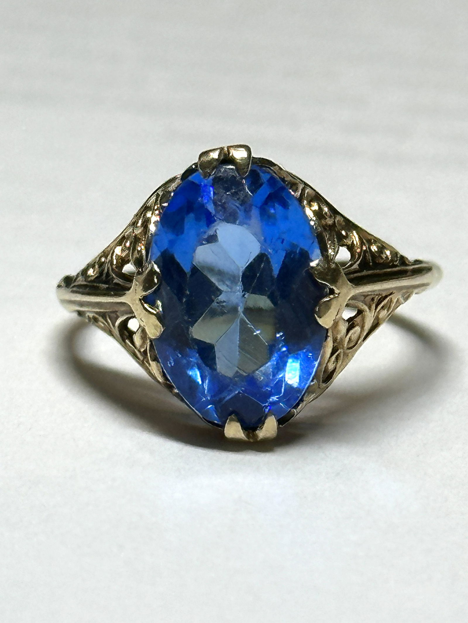 ART DECO 10K GOLD 3.5 CT BLUE TOPAZ FILIGREE RING SZ 6 (1 of 3)