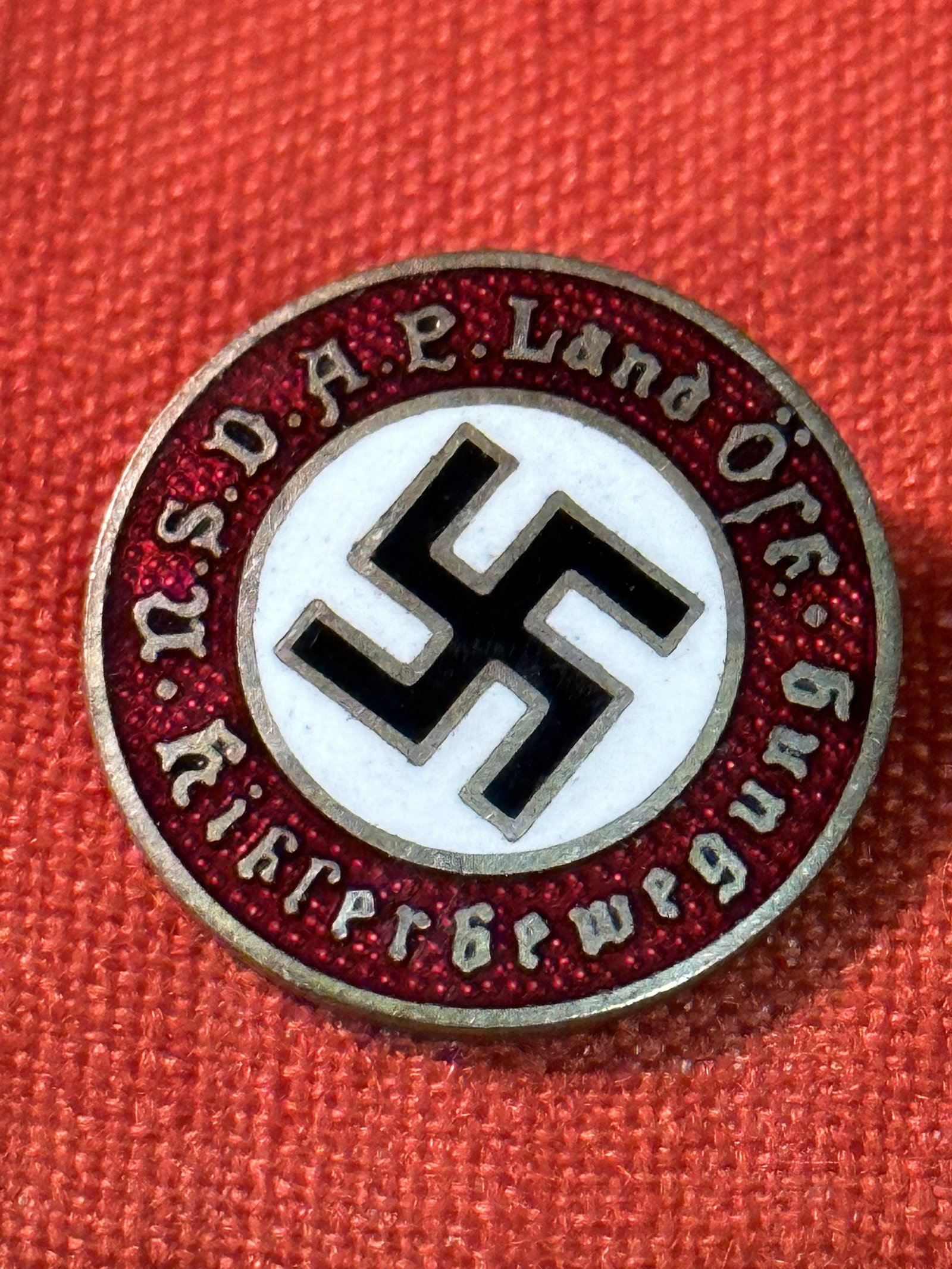 WW2 GERMAN NSDAP POLITICAL ENAMELED LAPEL PIN MARKED GES. GESCH: WW2 GERMAN NSDAP POLITICAL ENAMELED LAPEL PIN MARKED GES. GESCH. A RARE FIND. IT IS IN MINT OVERALL SHAPE AND CONDITION WITH A NICE PATINA THROUGHOUT. PLEASE VIEW ALL DETAILED PICTURES. A WELL MADE AN