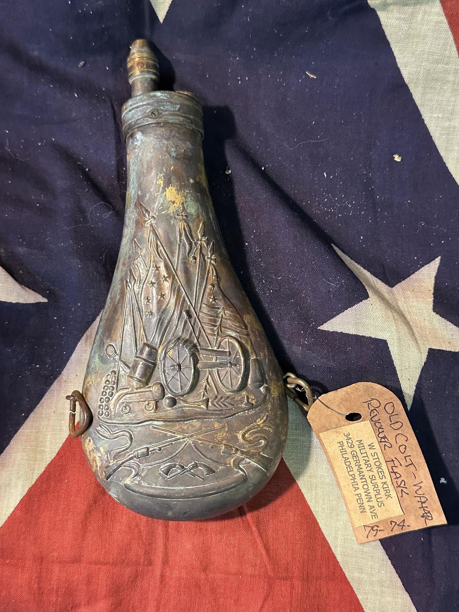 ANTIQUE CIVIL WAR COLT REVOLVER FLASK BY W. STOKES KIRK: ANTIQUE CIVIL WAR COLT REVOLVER FLASK BY W. STOKES KIRK. A RARE FIND. IT IS IN MINT OVERALL SHAPE AND CONDITION WITH A BEAUTIFUL OVERALL PATINA. HAS A GREAT LOOK TO IT WITH AN EXCELLENT OVERALL EYE AP