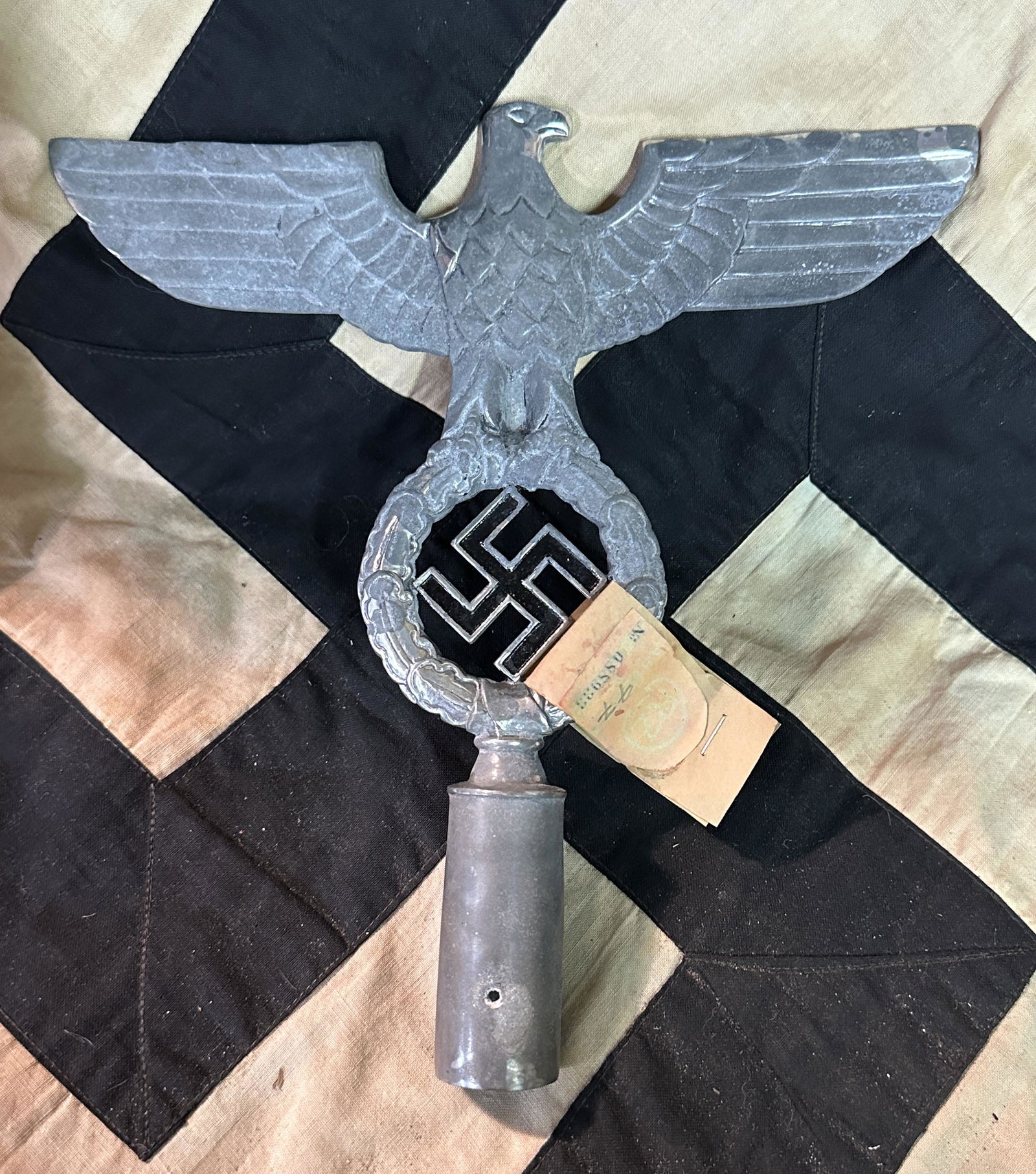 SCARCE WW2 GERMAN EAGLE FLAG POLE TOP WITH RZM TAG: SCARCE WW2 GERMAN EAGLE FLAG POLE TOP WITH RZM TAG. A VERY RARE FIND. IT IS IN MINT OVERALL SHAPE AND CONDITION WITH A BEAUTIFUL OVERALL PATINA. SHOWS GOOD WEAR AND USE. STILL HAS THE ORIGINAL MAKER M