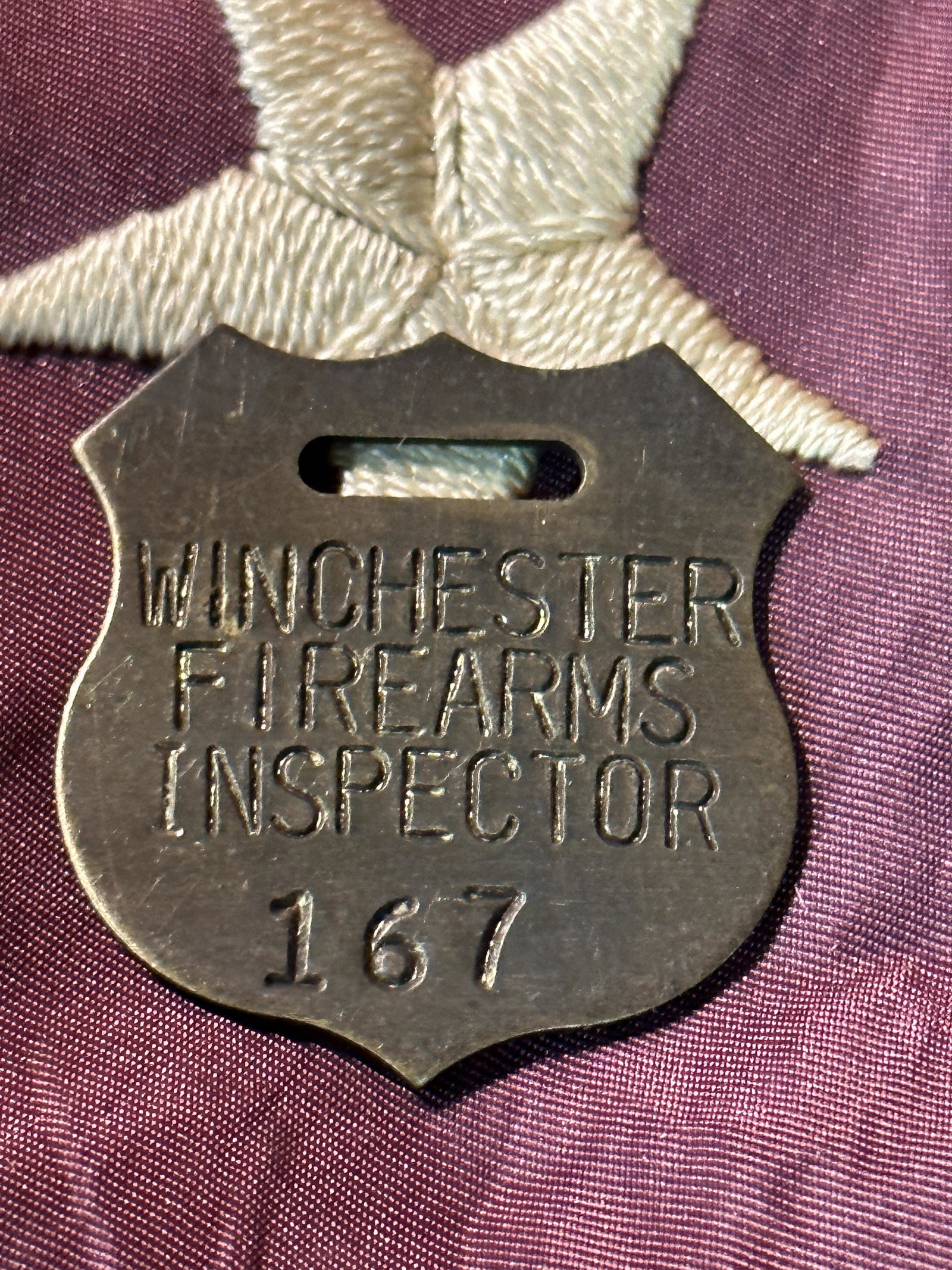ANTIQUE CIVIL WAR WINCHESTER FIREAMRS INSPECTOR #167 SHIELD BADGE: ANTIQUE CIVIL WAR WINCHESTER FIREAMRS INSPECTOR #167 SHIELD BADGE. IT IS IN MINT OVERALL SHAPE AND CONDITION WITH A BEAUTIFUL OVERALL PATINA. PLEASE VIEW ALL DETAILED PICTURES. A GREAT FIND AND AN EXC