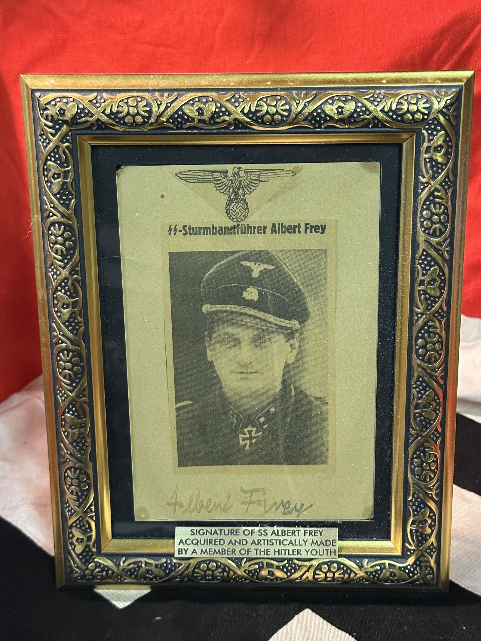 FRAMED WW2 GERMAN SIGNATURE OF SS ALBERT FREY WITH PHOTOGRAPH - FRAMED: FRAMED WW2 GERMAN SIGNATURE OF SS ALBERT FREY WITH PHOTOGRAPH - FRAMED, ACQUIRED AND ARTISTICALLY MADE BY A MEMBER OF THE HITLER YOUTH. PLEASE VIEW ALL DETAILED PICTURES. COMES FROM A COLLECTION. A WE